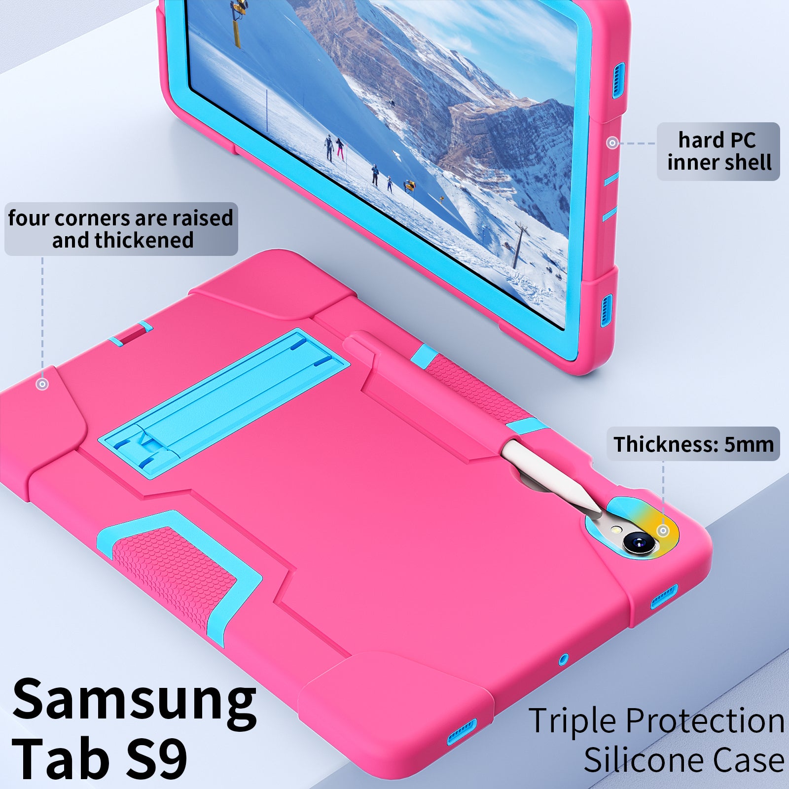 Silicone + PC Tablet Case for Samsung Galaxy Tab S9 SM-X710  /  S9 FE SM-X510 Robot Style Dual Color Kickstand Cover - Rose Red  /  Blue