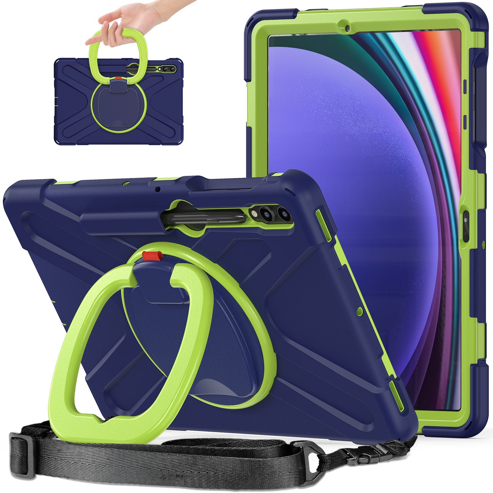 For Samsung Samsung Galaxy Tab S10+ X826 / S9 FE+ / S9+ / S8+ / S7+ Kickstand Tablet Case Shockproof PC+Silicone Cover, Shoulder Strap - Blue  /  Yellowgreen