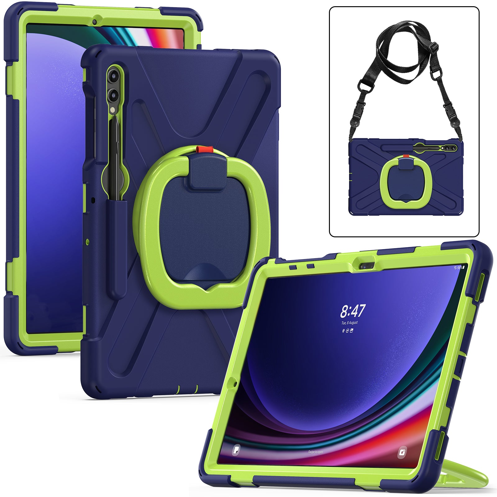 For Samsung Samsung Galaxy Tab S10+ X826 / S9 FE+ / S9+ / S8+ / S7+ Kickstand Tablet Case Shockproof PC+Silicone Cover, Shoulder Strap - Blue  /  Yellowgreen