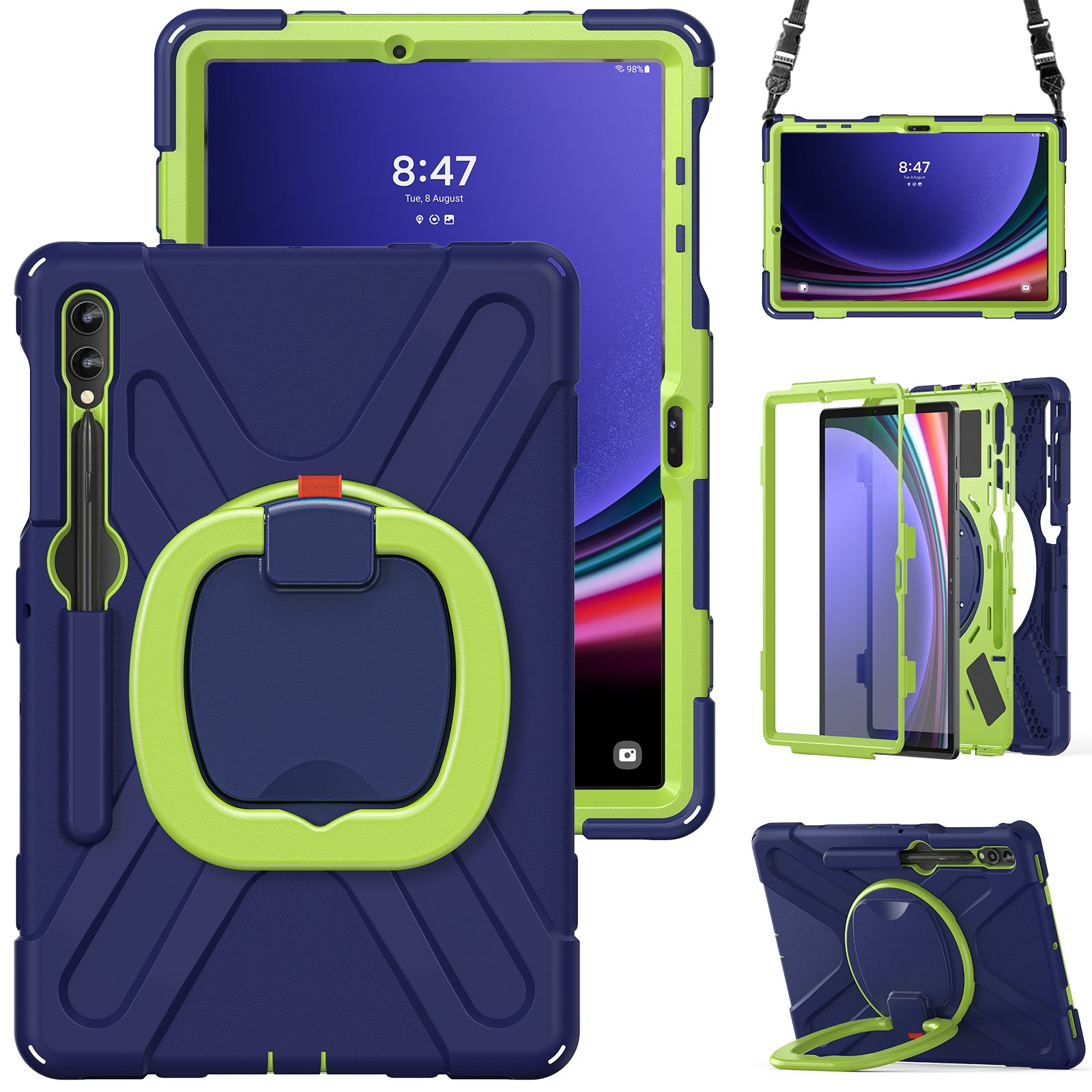 For Samsung Samsung Galaxy Tab S10+ X826 / S9 FE+ / S9+ / S8+ / S7+ Kickstand Tablet Case Shockproof PC+Silicone Cover, Shoulder Strap - Blue  /  Yellowgreen