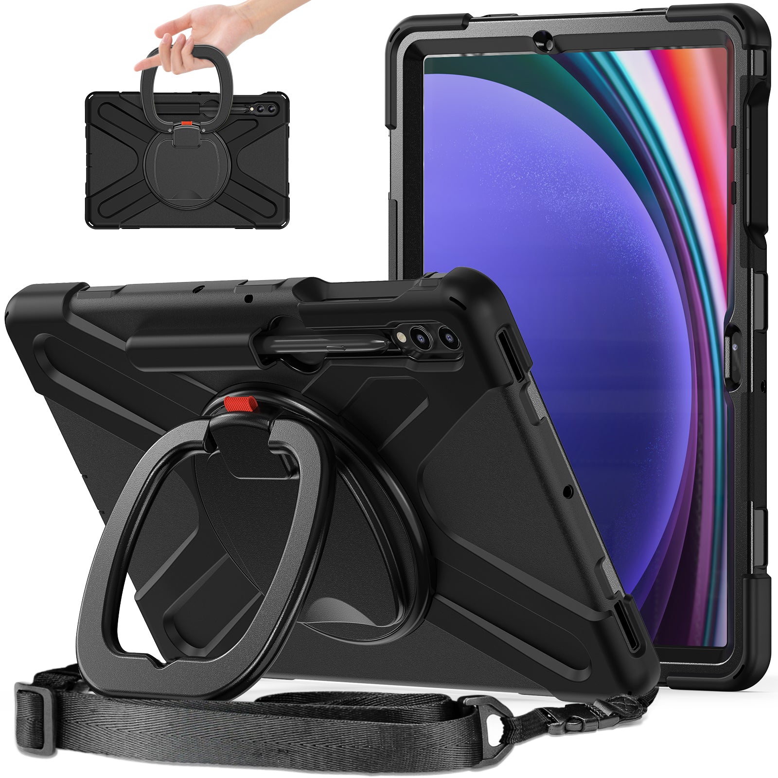 For Samsung Samsung Galaxy Tab S10+ X826 / S9 FE+ / S9+ / S8+ / S7+ Kickstand Tablet Case Shockproof PC+Silicone Cover, Shoulder Strap - Black