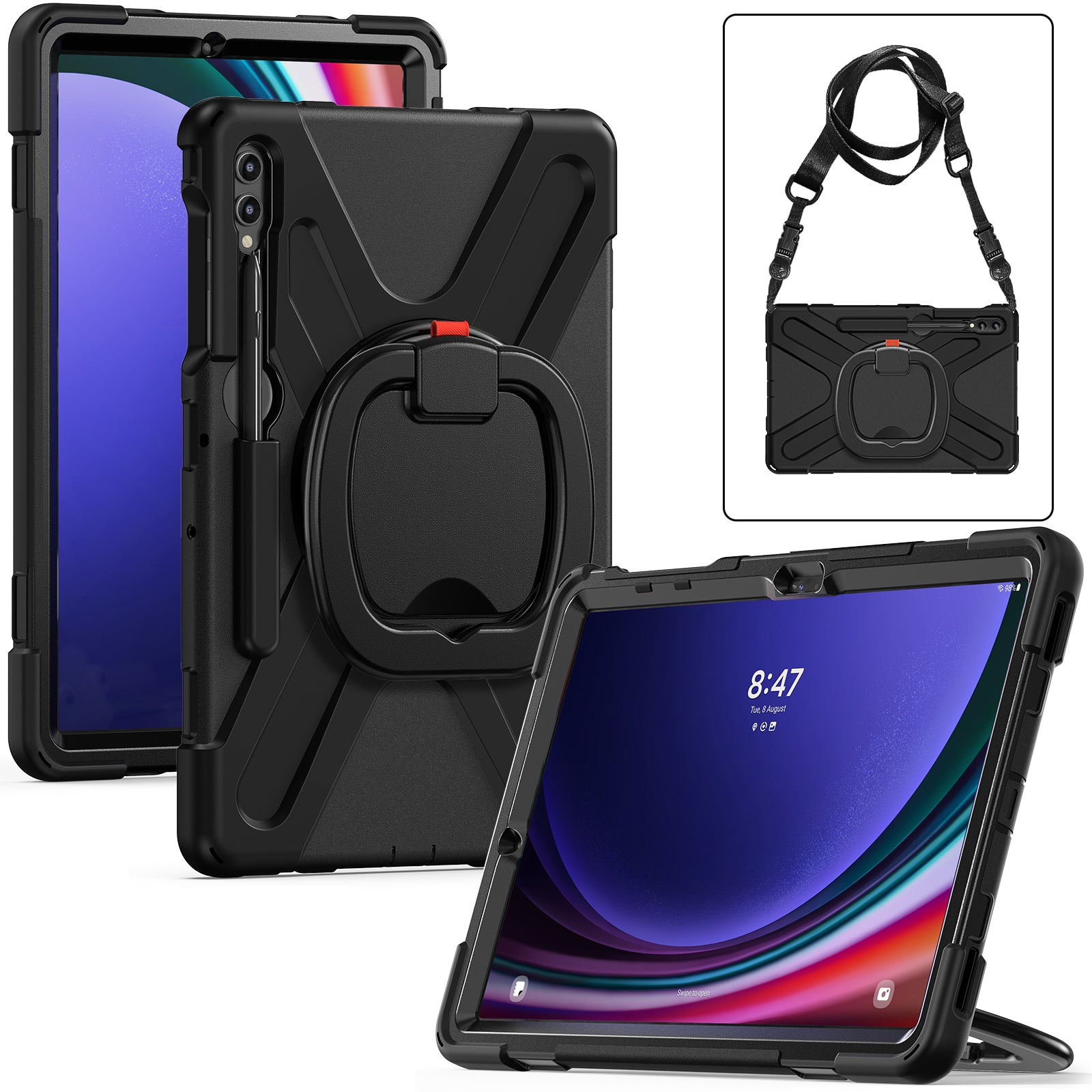 For Samsung Samsung Galaxy Tab S10+ X826 / S9 FE+ / S9+ / S8+ / S7+ Kickstand Tablet Case Shockproof PC+Silicone Cover, Shoulder Strap - Black