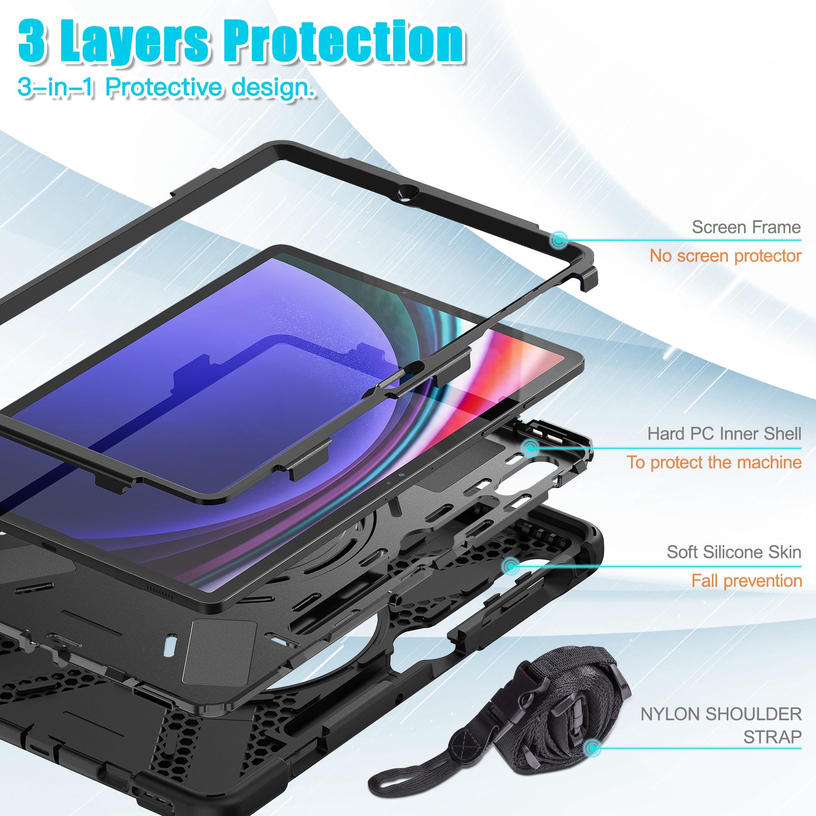 For Samsung Samsung Galaxy Tab S10+ X826 / S9 FE+ / S9+ / S8+ / S7+ Kickstand Tablet Case Shockproof PC+Silicone Cover, Shoulder Strap - Black