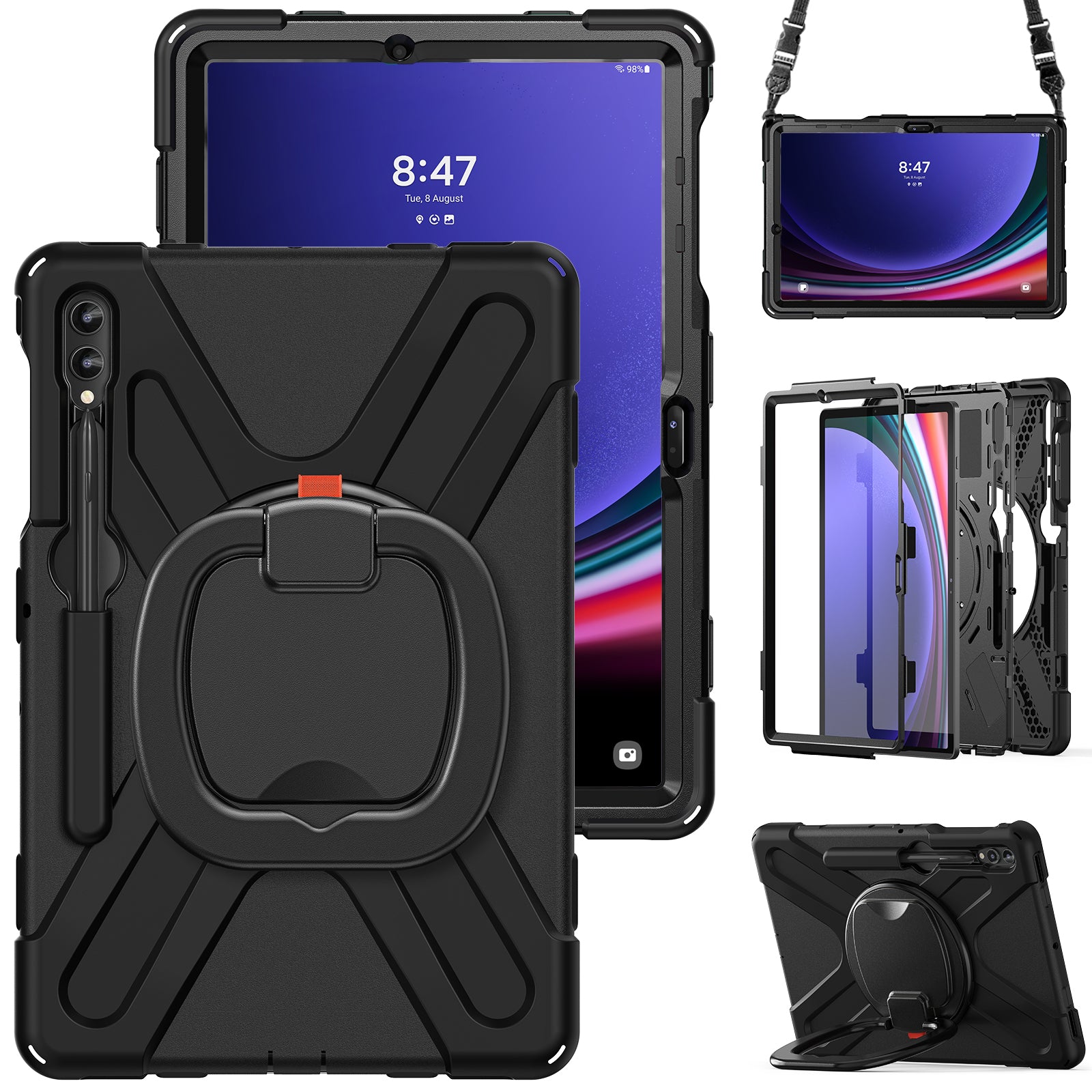 For Samsung Samsung Galaxy Tab S10+ X826 / S9 FE+ / S9+ / S8+ / S7+ Kickstand Tablet Case Shockproof PC+Silicone Cover, Shoulder Strap - Black