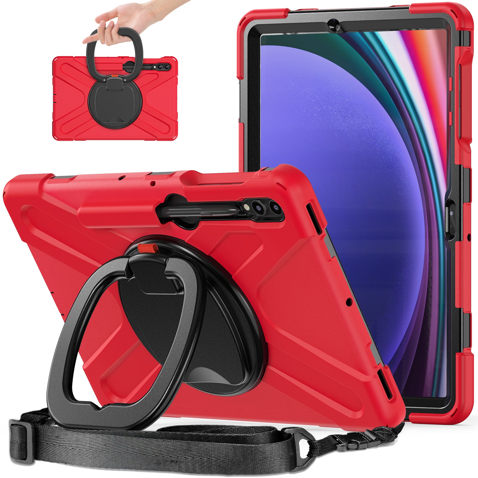 For Samsung Samsung Galaxy Tab S10+ X826 / S9 FE+ / S9+ / S8+ / S7+ Kickstand Tablet Case Shockproof PC+Silicone Cover, Shoulder Strap - Red  /  Black