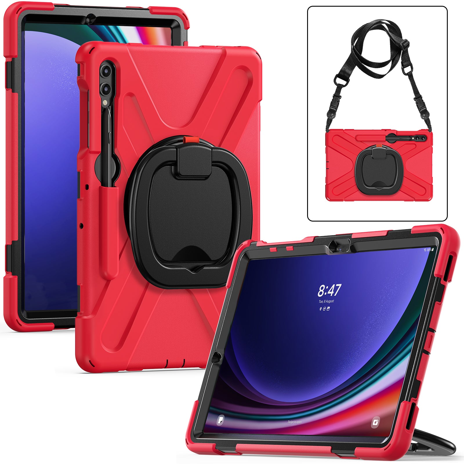 For Samsung Samsung Galaxy Tab S10+ X826 / S9 FE+ / S9+ / S8+ / S7+ Kickstand Tablet Case Shockproof PC+Silicone Cover, Shoulder Strap - Red  /  Black