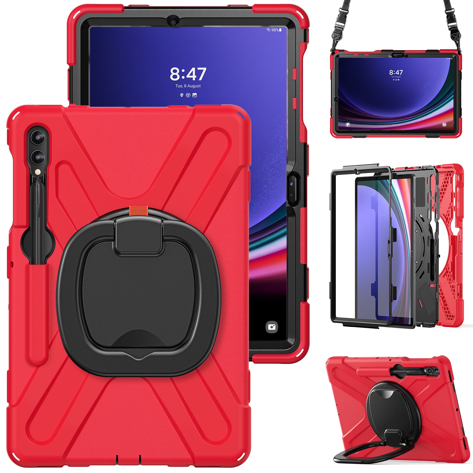 For Samsung Samsung Galaxy Tab S10+ X826 / S9 FE+ / S9+ / S8+ / S7+ Kickstand Tablet Case Shockproof PC+Silicone Cover, Shoulder Strap - Red  /  Black