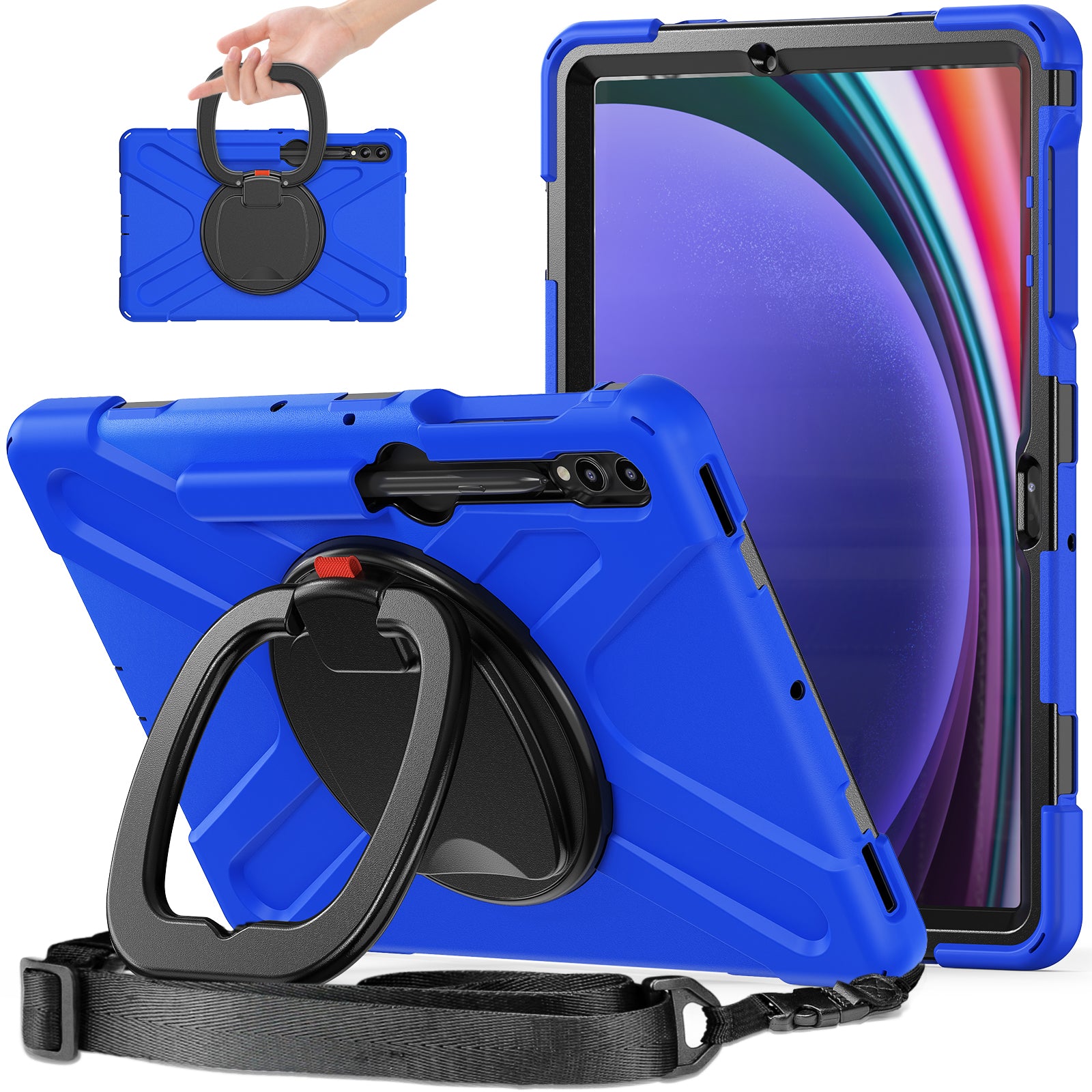 For Samsung Samsung Galaxy Tab S10+ X826 / S9 FE+ / S9+ / S8+ / S7+ Kickstand Tablet Case Shockproof PC+Silicone Cover, Shoulder Strap - Blue  /  Black