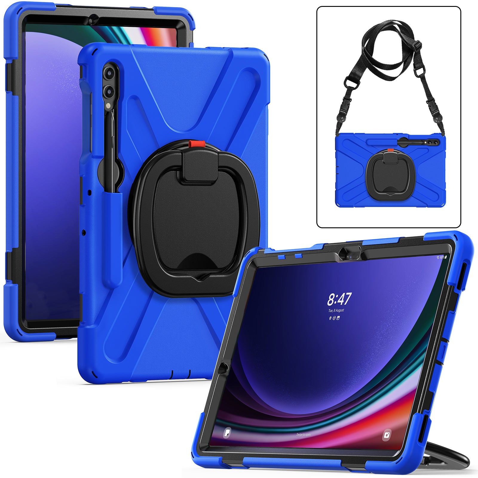 For Samsung Samsung Galaxy Tab S10+ X826 / S9 FE+ / S9+ / S8+ / S7+ Kickstand Tablet Case Shockproof PC+Silicone Cover, Shoulder Strap - Blue  /  Black