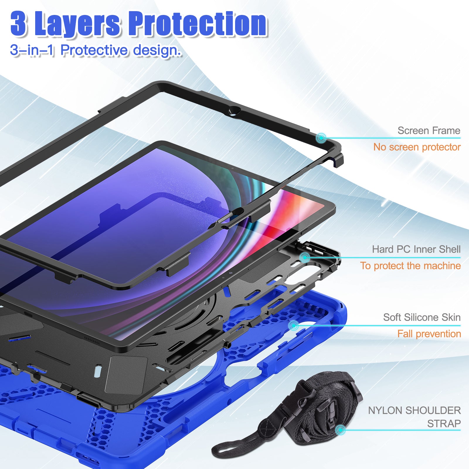 For Samsung Samsung Galaxy Tab S10+ X826 / S9 FE+ / S9+ / S8+ / S7+ Kickstand Tablet Case Shockproof PC+Silicone Cover, Shoulder Strap - Blue  /  Black