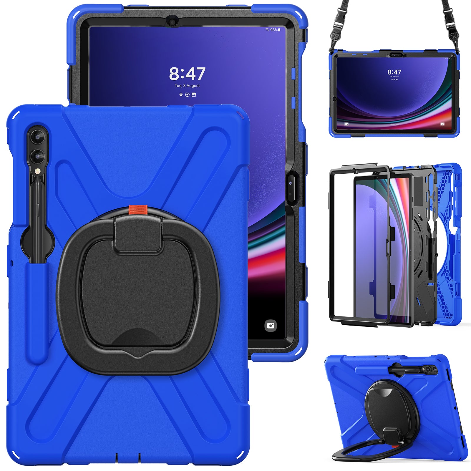 For Samsung Samsung Galaxy Tab S10+ X826 / S9 FE+ / S9+ / S8+ / S7+ Kickstand Tablet Case Shockproof PC+Silicone Cover, Shoulder Strap - Blue  /  Black