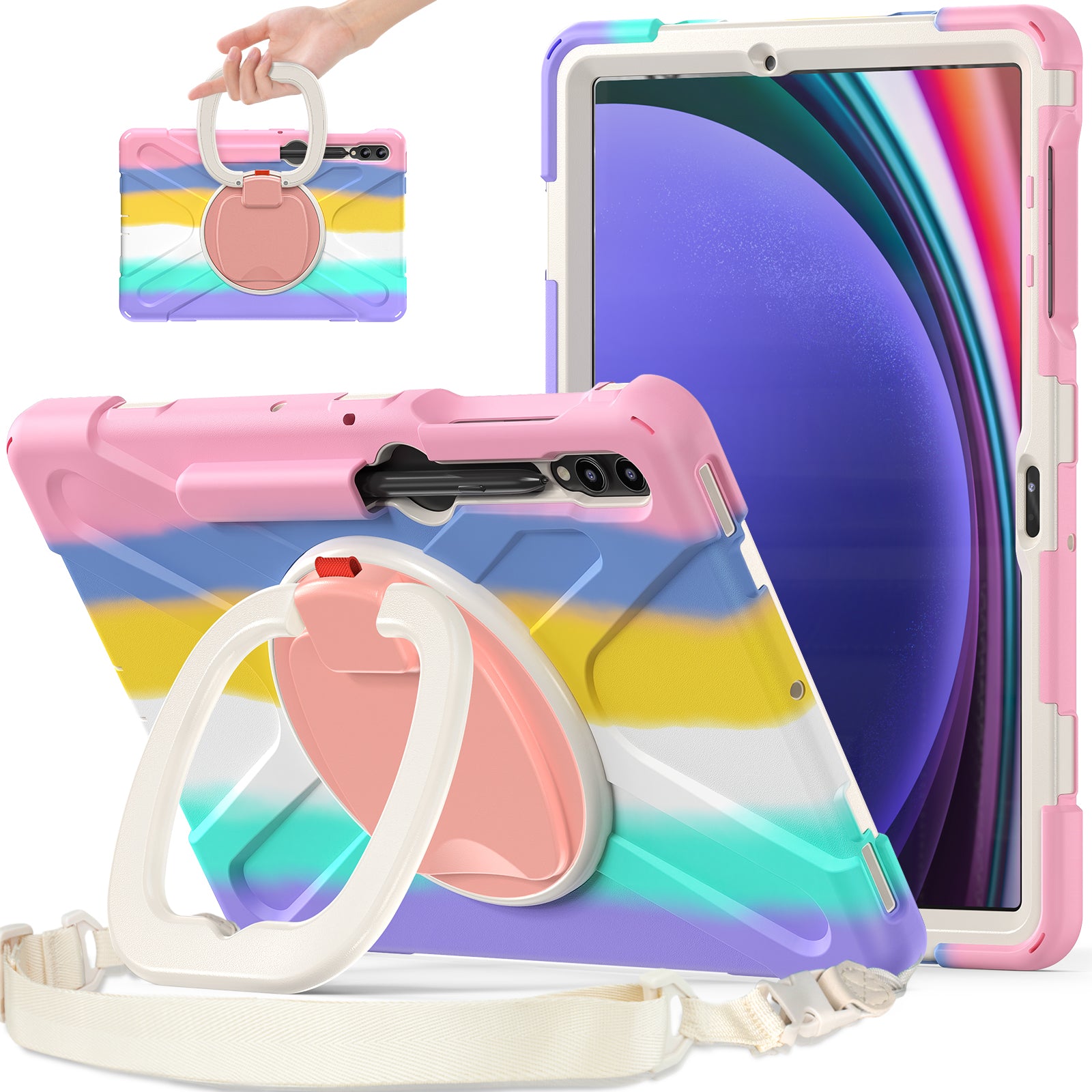 For Samsung Samsung Galaxy Tab S10+ X826 / S9 FE+ / S9+ / S8+ / S7+ Kickstand Tablet Case Shockproof PC+Silicone Cover, Shoulder Strap - Colorful Pink