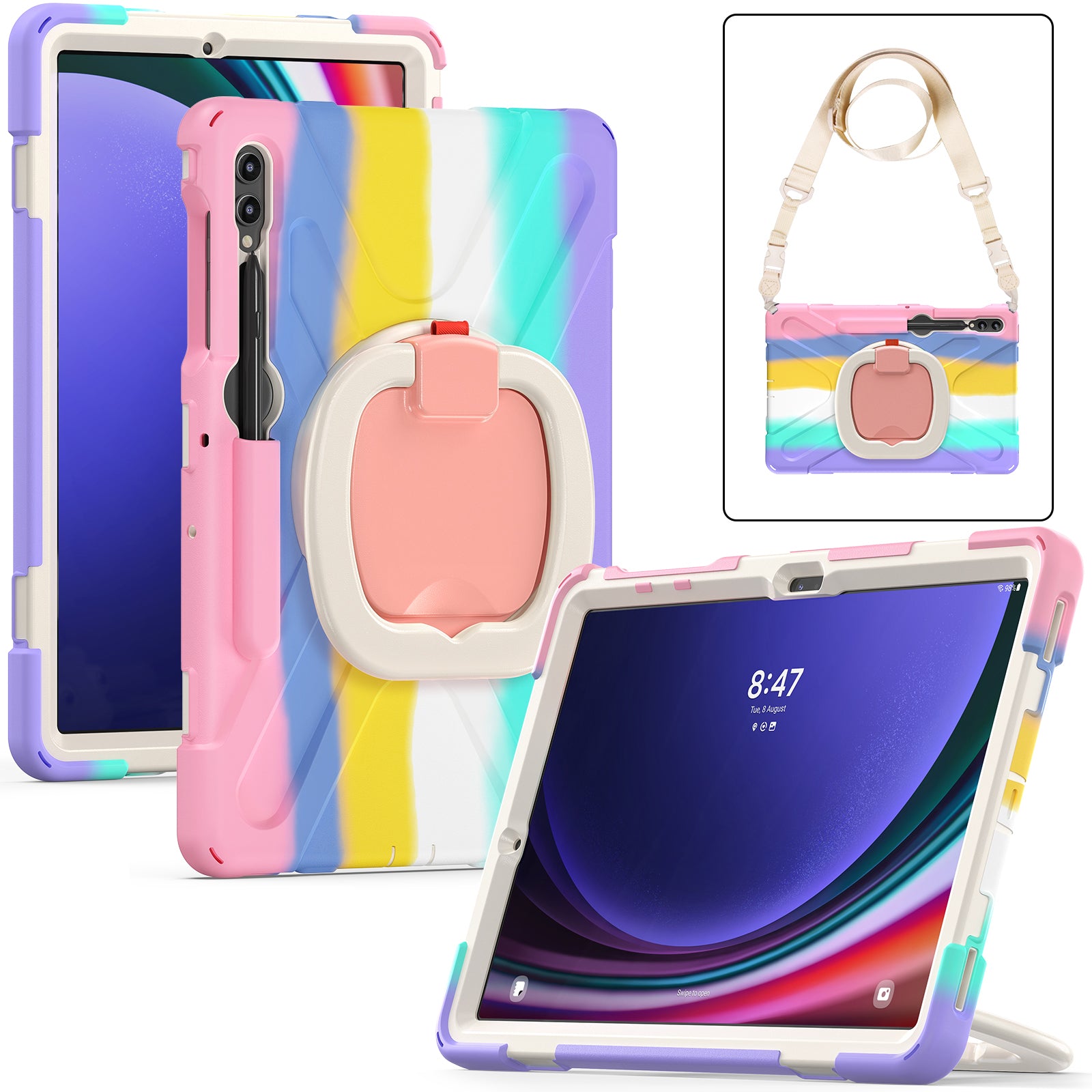 For Samsung Samsung Galaxy Tab S10+ X826 / S9 FE+ / S9+ / S8+ / S7+ Kickstand Tablet Case Shockproof PC+Silicone Cover, Shoulder Strap - Colorful Pink