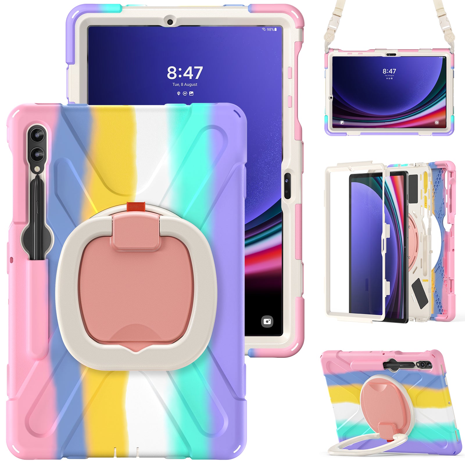 For Samsung Samsung Galaxy Tab S10+ X826 / S9 FE+ / S9+ / S8+ / S7+ Kickstand Tablet Case Shockproof PC+Silicone Cover, Shoulder Strap - Colorful Pink