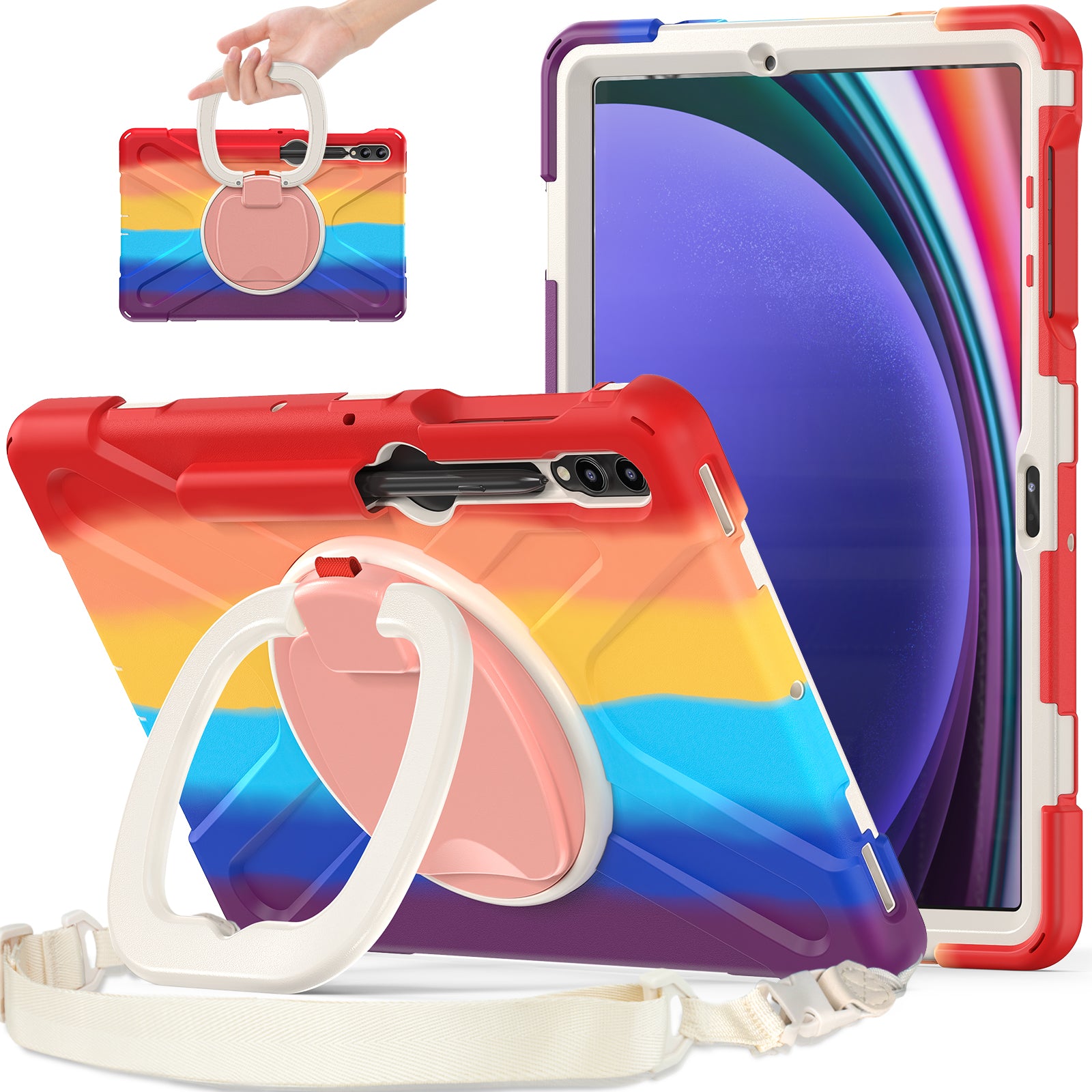 For Samsung Samsung Galaxy Tab S10+ X826 / S9 FE+ / S9+ / S8+ / S7+ Kickstand Tablet Case Shockproof PC+Silicone Cover, Shoulder Strap - Colorful Red