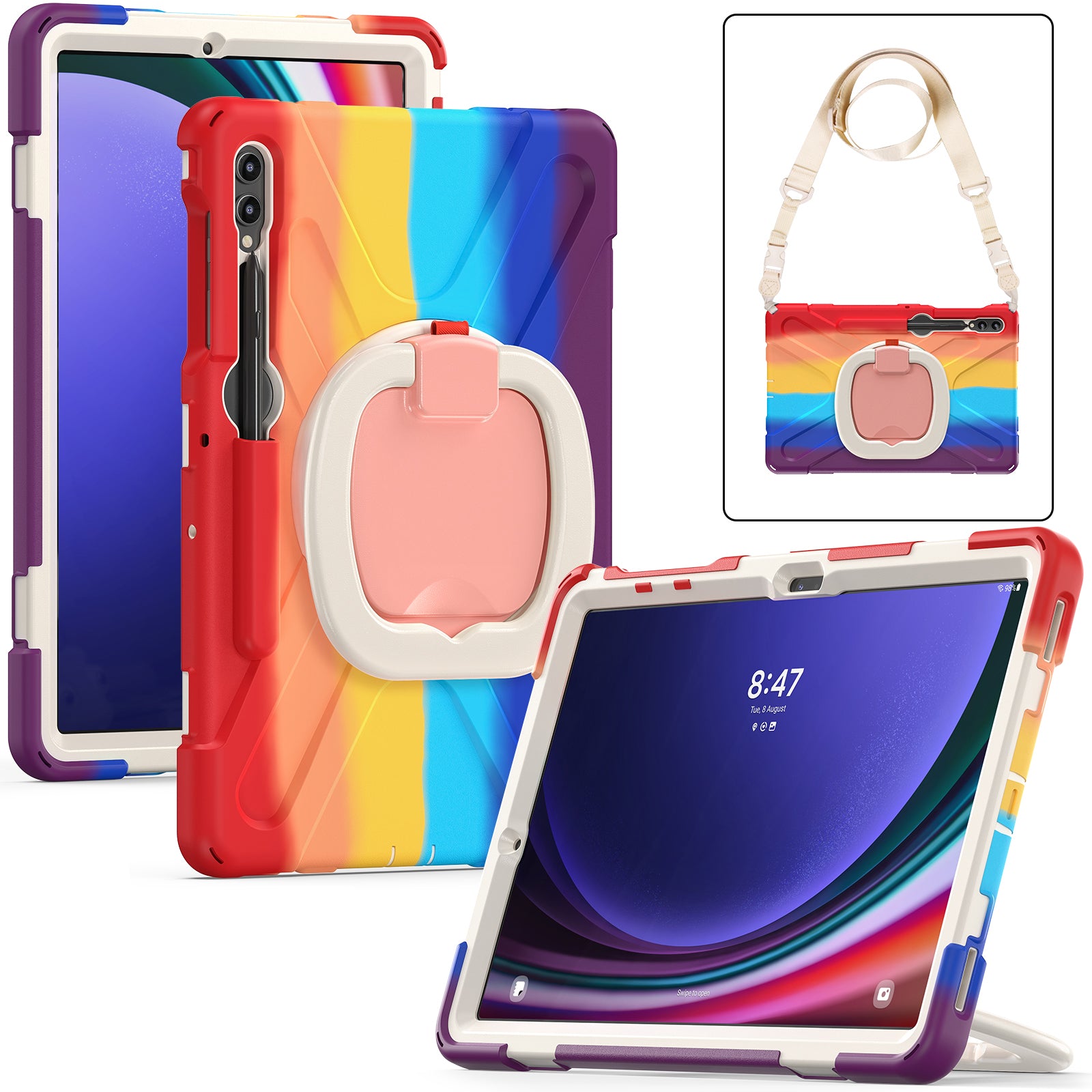 For Samsung Samsung Galaxy Tab S10+ X826 / S9 FE+ / S9+ / S8+ / S7+ Kickstand Tablet Case Shockproof PC+Silicone Cover, Shoulder Strap - Colorful Red