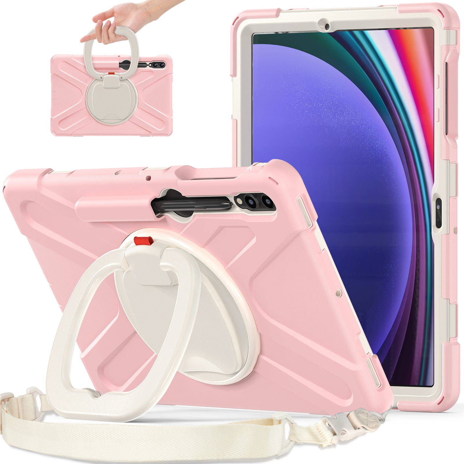 For Samsung Samsung Galaxy Tab S10+ X826 / S9 FE+ / S9+ / S8+ / S7+ Kickstand Tablet Case Shockproof PC+Silicone Cover, Shoulder Strap - Pink  /  White