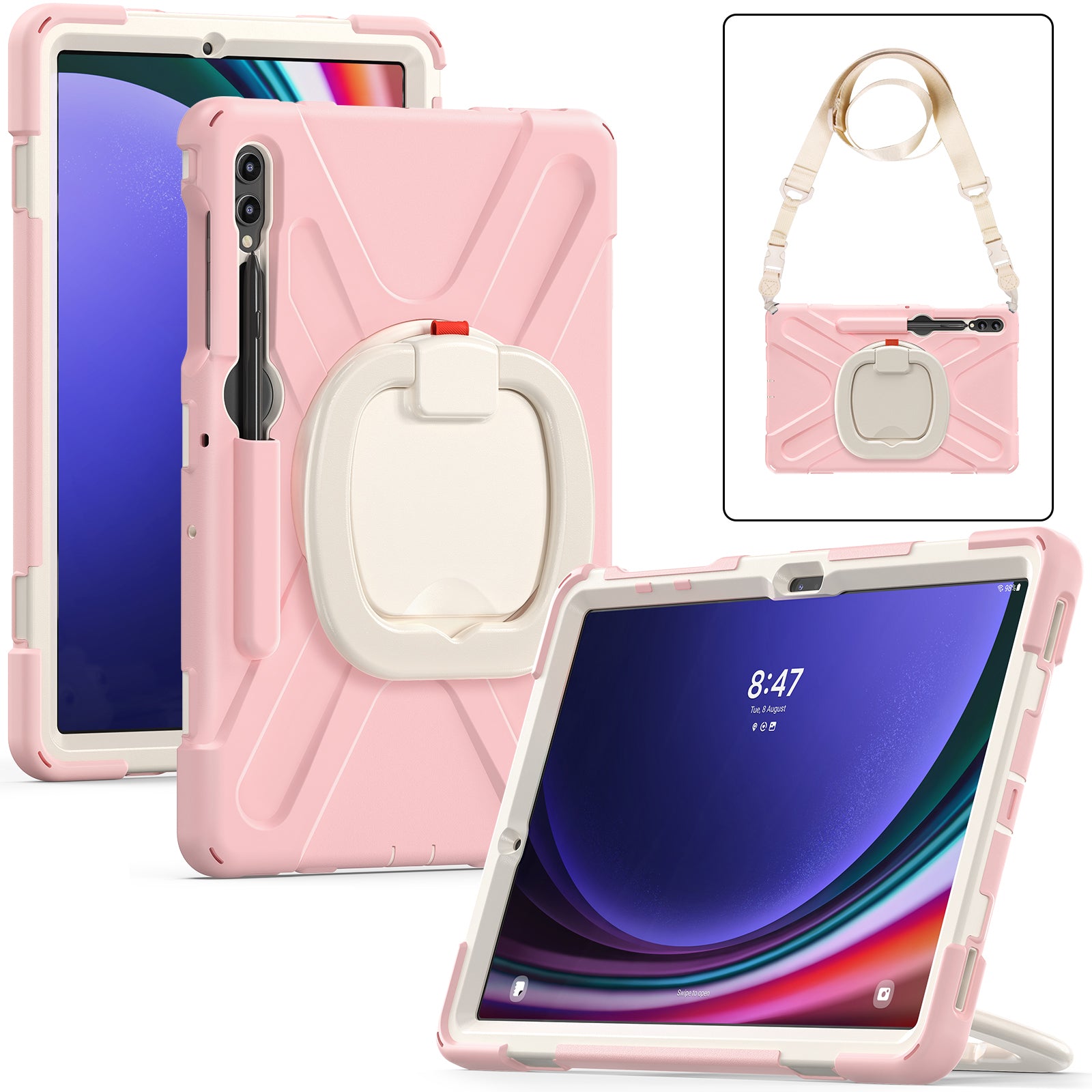 For Samsung Samsung Galaxy Tab S10+ X826 / S9 FE+ / S9+ / S8+ / S7+ Kickstand Tablet Case Shockproof PC+Silicone Cover, Shoulder Strap - Pink  /  White