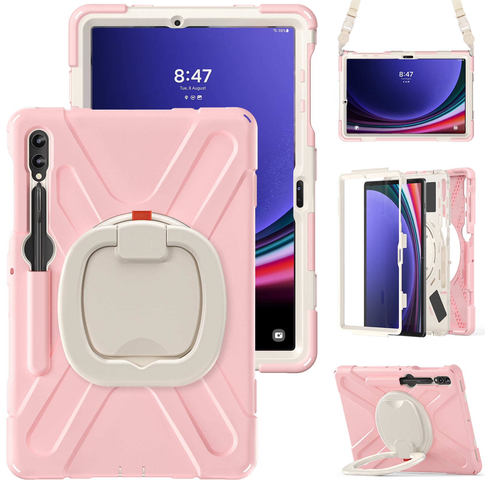 For Samsung Samsung Galaxy Tab S10+ X826 / S9 FE+ / S9+ / S8+ / S7+ Kickstand Tablet Case Shockproof PC+Silicone Cover, Shoulder Strap - Pink  /  White