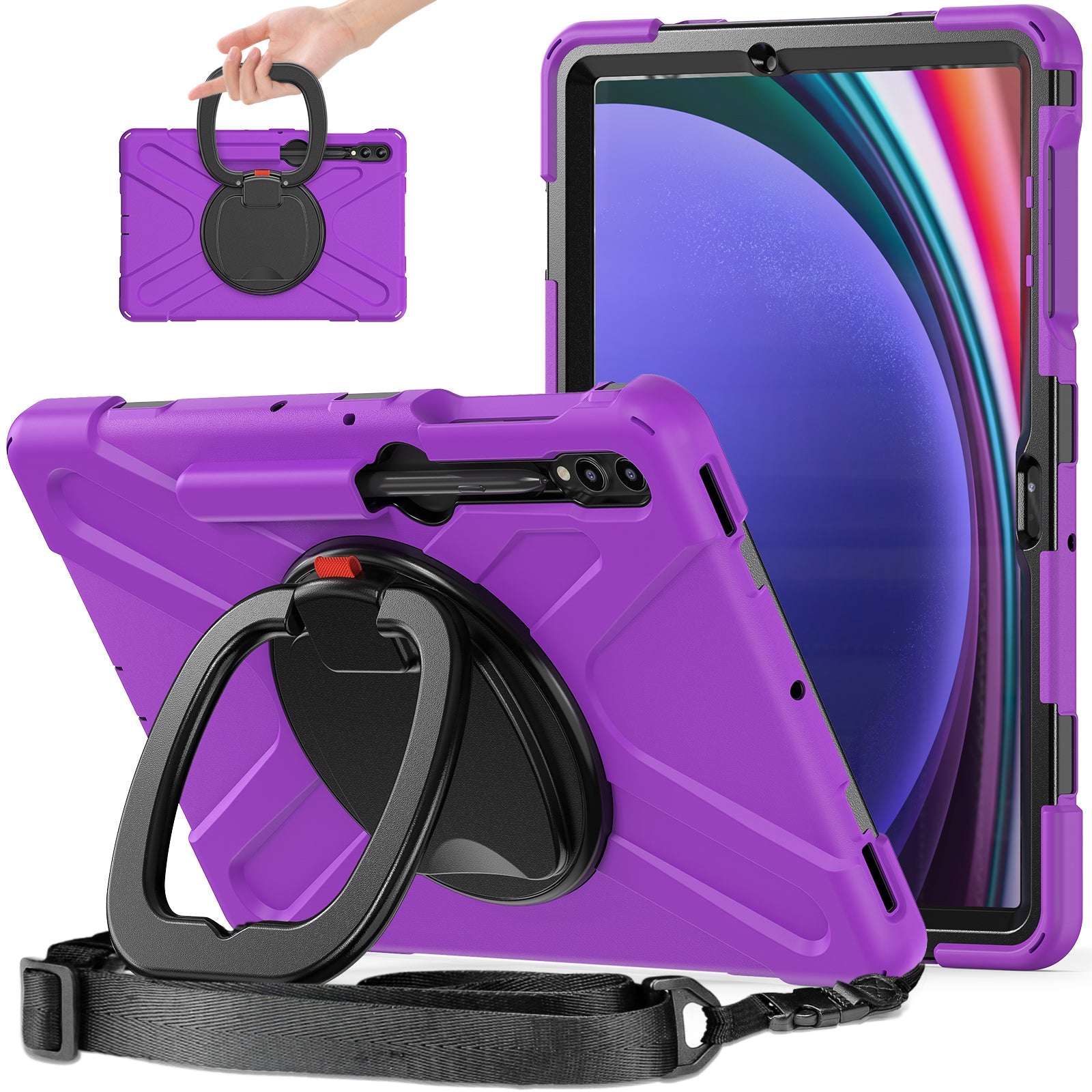 For Samsung Samsung Galaxy Tab S10+ X826 / S9 FE+ / S9+ / S8+ / S7+ Kickstand Tablet Case Shockproof PC+Silicone Cover, Shoulder Strap - Purple  /  Black