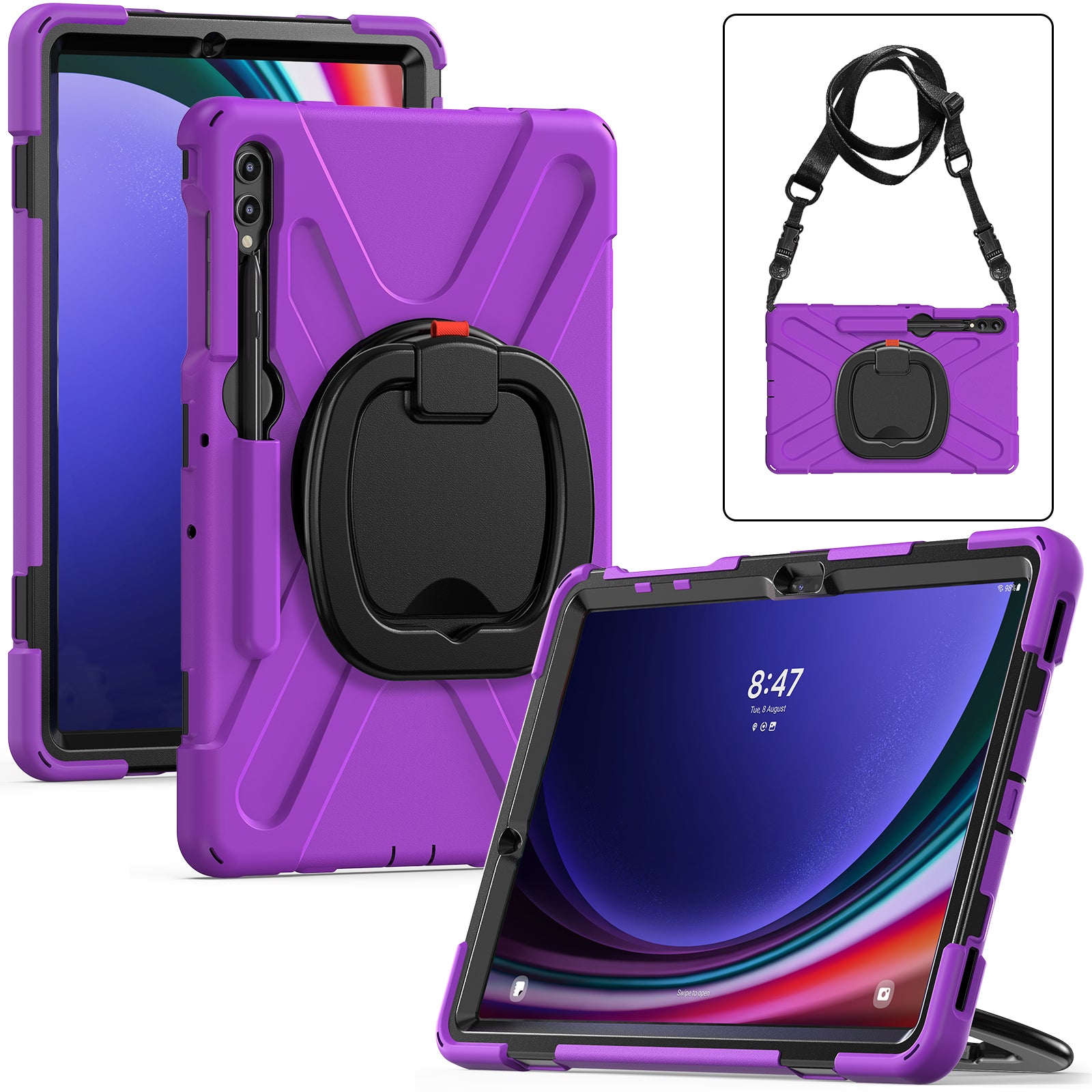 For Samsung Samsung Galaxy Tab S10+ X826 / S9 FE+ / S9+ / S8+ / S7+ Kickstand Tablet Case Shockproof PC+Silicone Cover, Shoulder Strap - Purple  /  Black