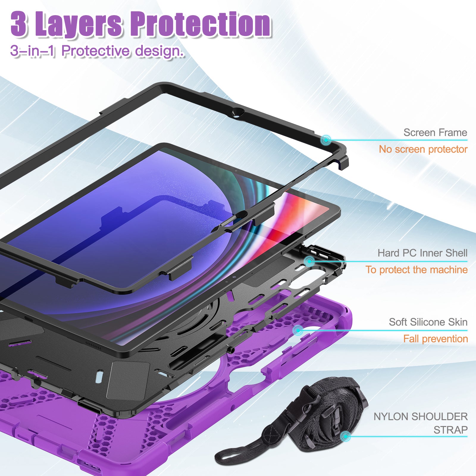 For Samsung Samsung Galaxy Tab S10+ X826 / S9 FE+ / S9+ / S8+ / S7+ Kickstand Tablet Case Shockproof PC+Silicone Cover, Shoulder Strap - Purple  /  Black