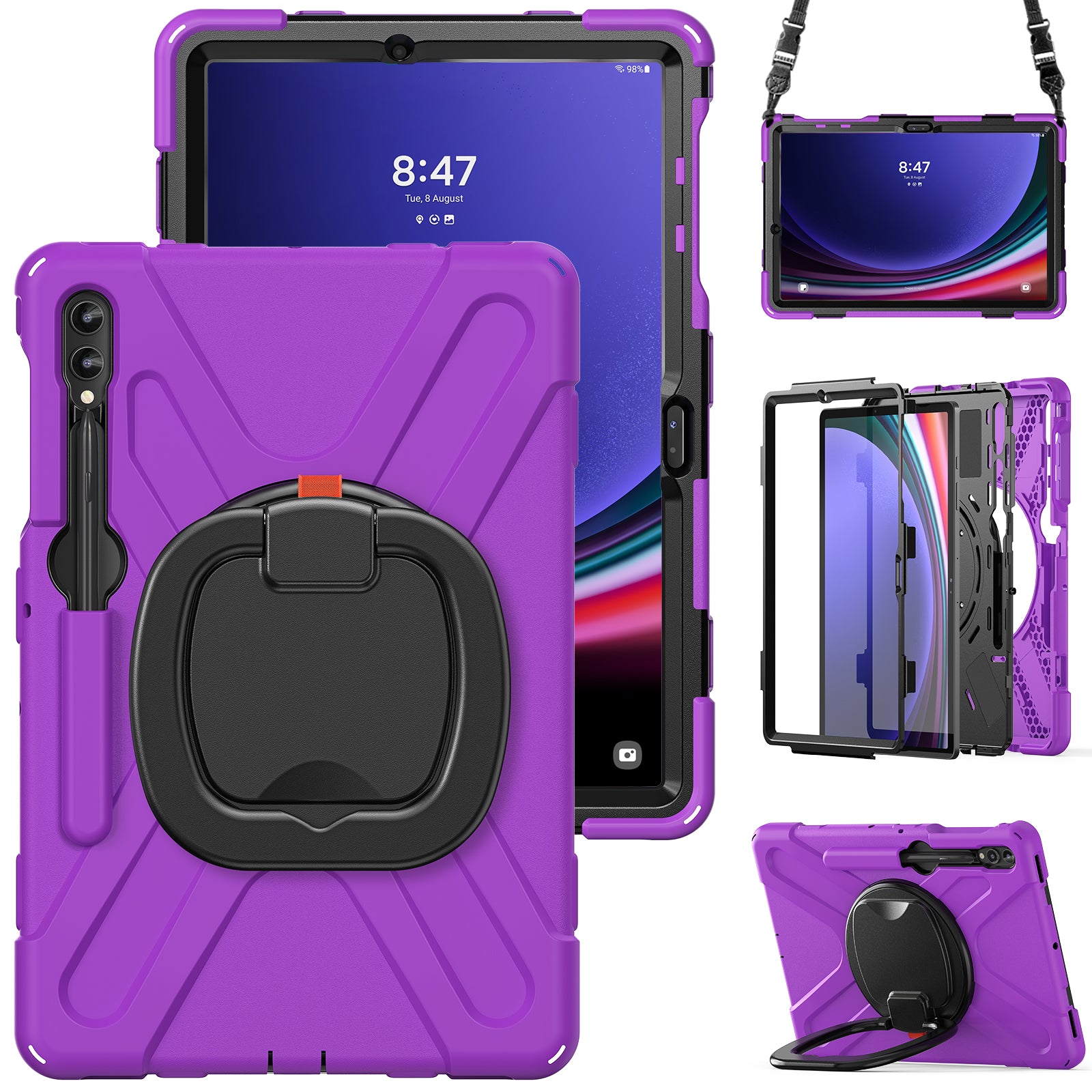 For Samsung Samsung Galaxy Tab S10+ X826 / S9 FE+ / S9+ / S8+ / S7+ Kickstand Tablet Case Shockproof PC+Silicone Cover, Shoulder Strap - Purple  /  Black