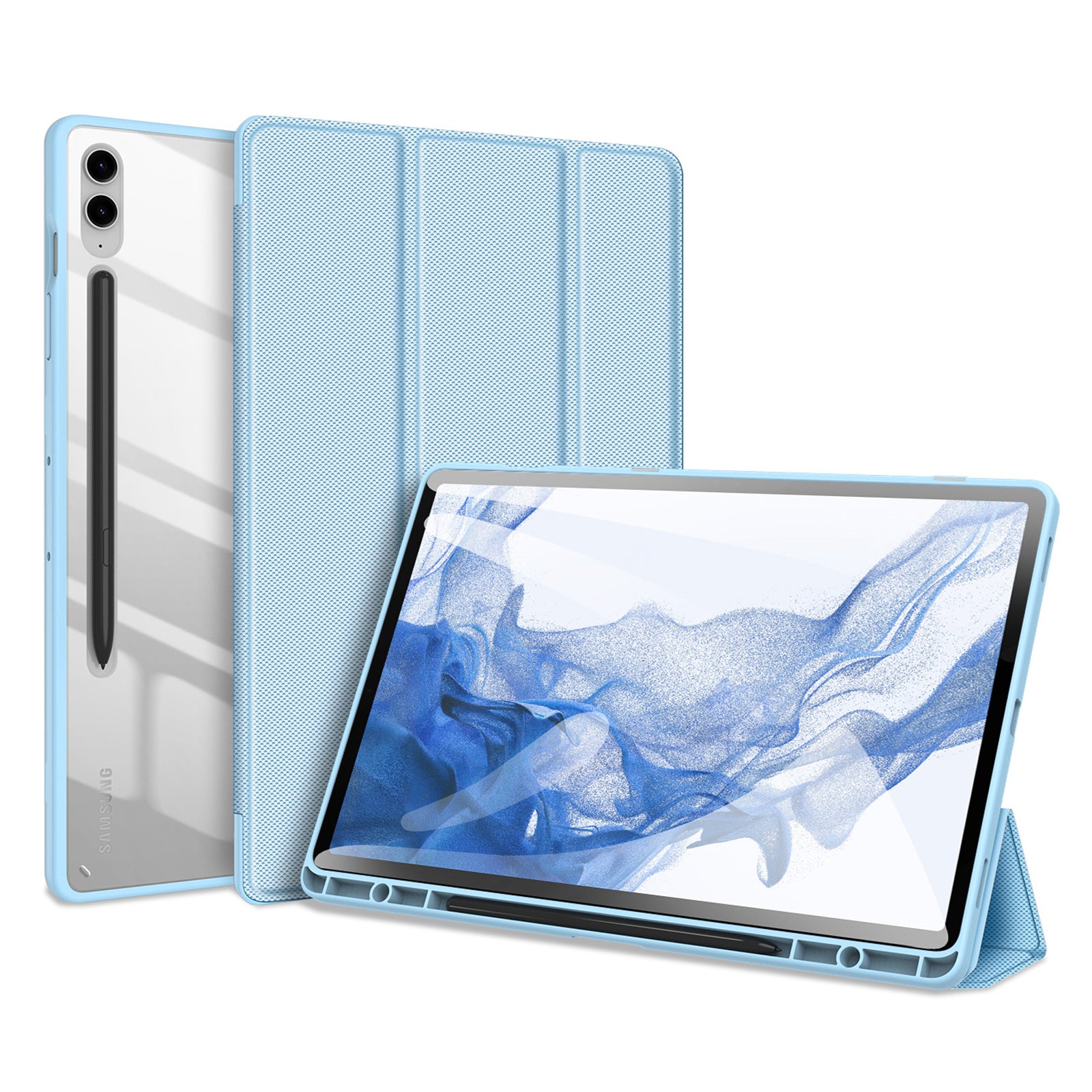 DUX DUCIS TOBY Series For Samsung Galaxy Tab S9 FE+ Tablet Leather Case Tri-fold Stand Cover with Pen Slot - Baby Blue