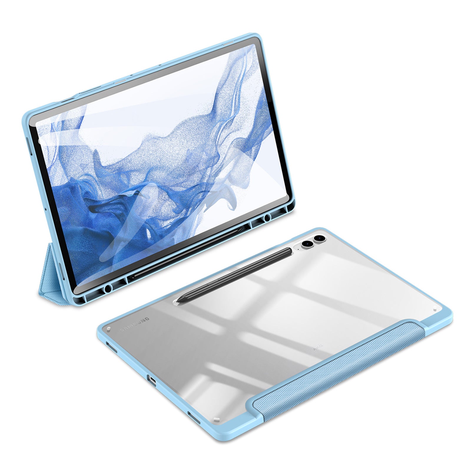 DUX DUCIS TOBY Series For Samsung Galaxy Tab S9 FE+ Tablet Leather Case Tri-fold Stand Cover with Pen Slot - Baby Blue