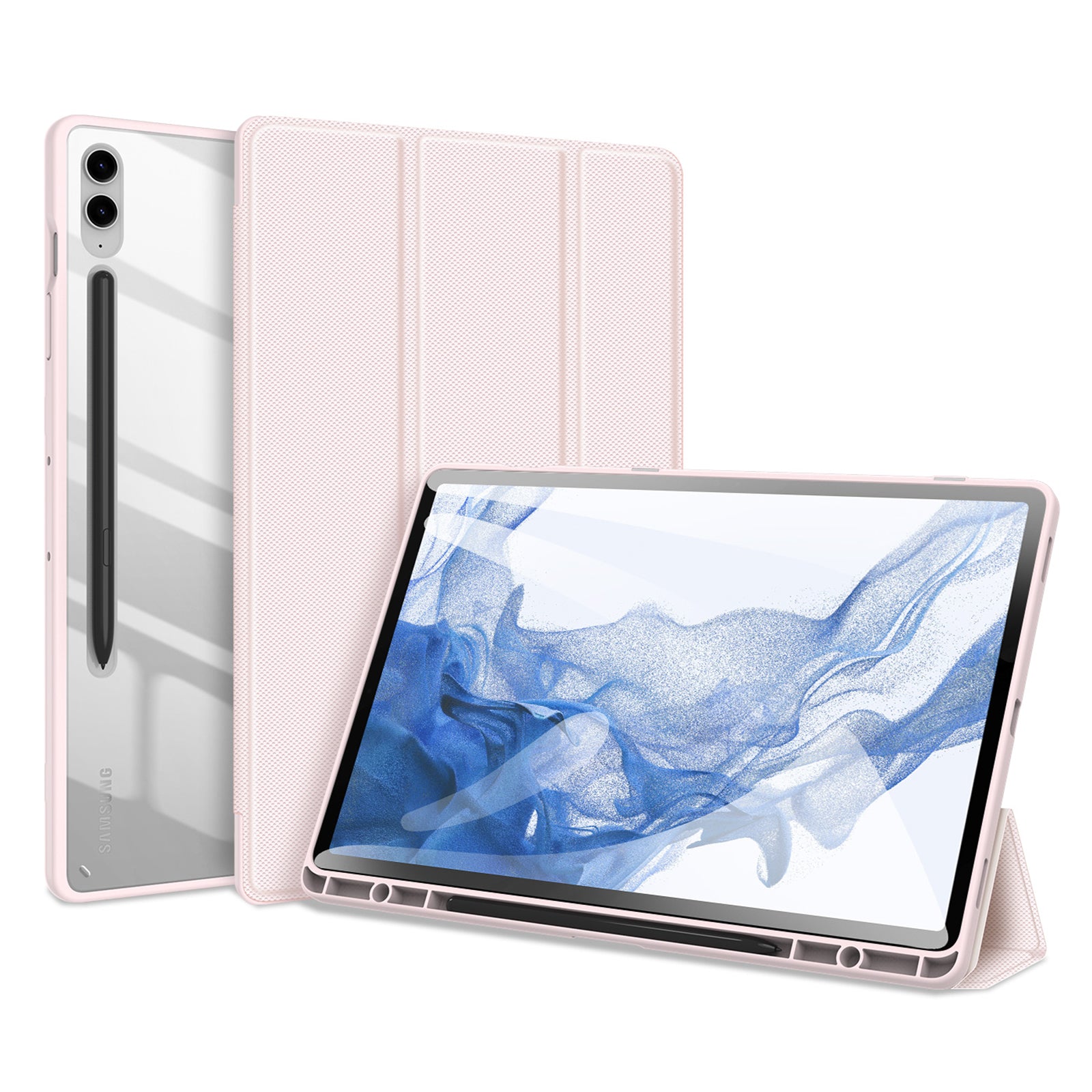 DUX DUCIS TOBY Series For Samsung Galaxy Tab S9 FE+ Tablet Leather Case Tri-fold Stand Cover with Pen Slot - Light Pink