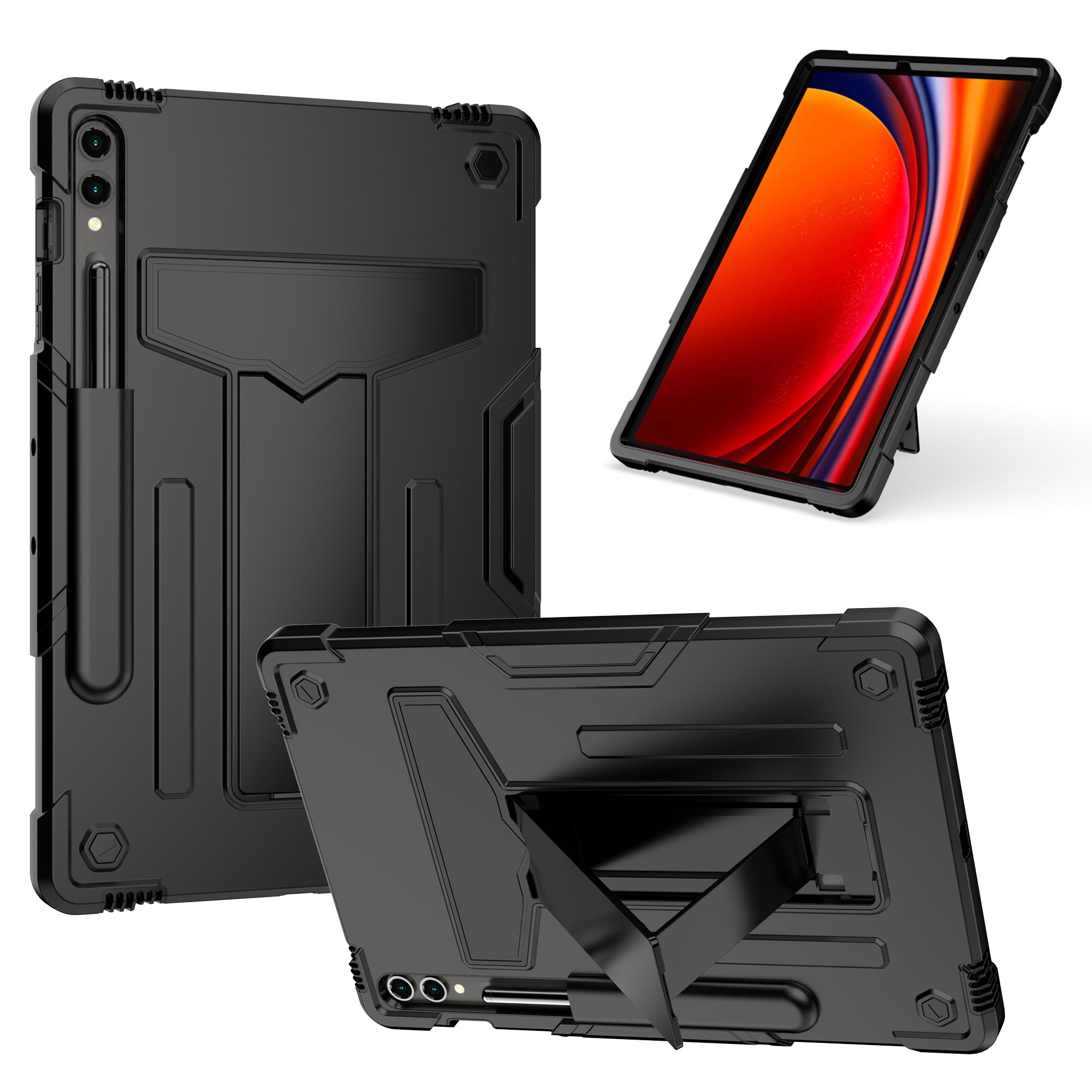 For Samsung Galaxy Tab S9+ / Tab S9 FE+ Rugged Cover T-Shaped Kickstand Protective Tablet Case - Black