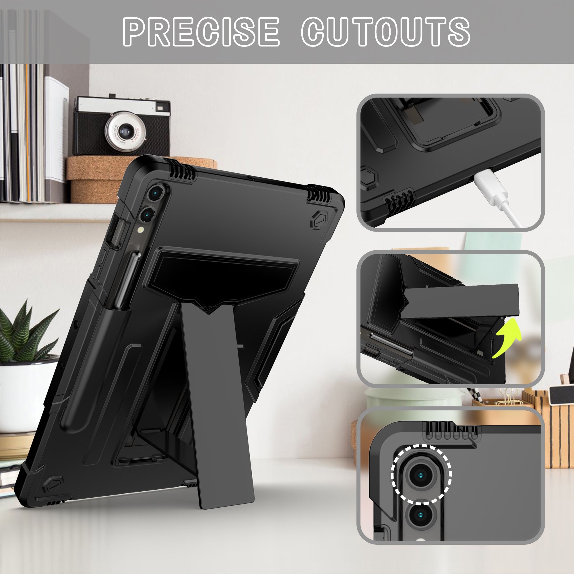 For Samsung Galaxy Tab S9+ / Tab S9 FE+ Rugged Cover T-Shaped Kickstand Protective Tablet Case - Black