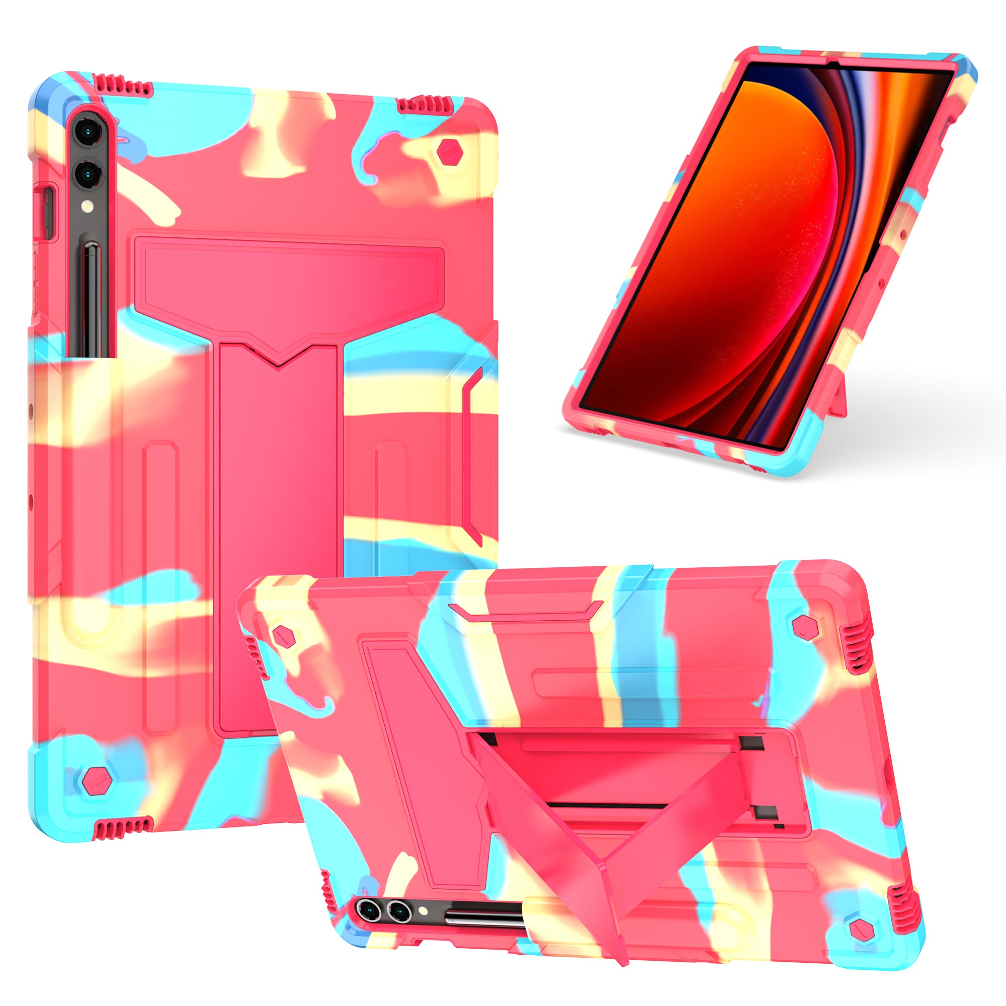 For Samsung Galaxy Tab S9+ / Tab S9 FE+ Rugged Cover T-Shaped Kickstand Protective Tablet Case - Camo Rose