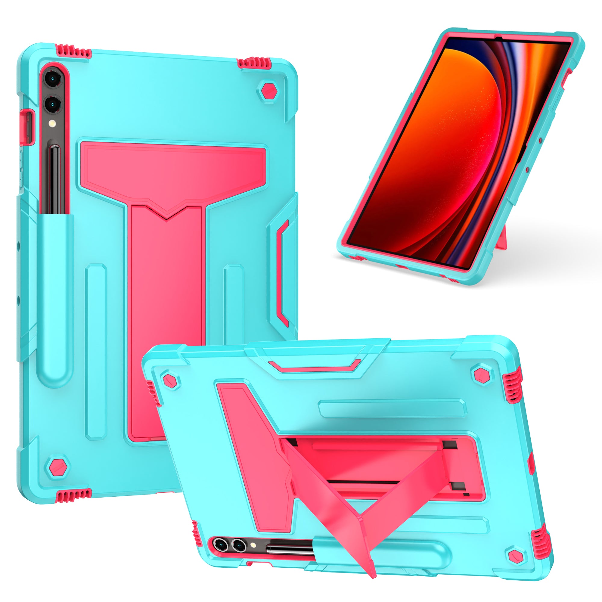 For Samsung Galaxy Tab S9+ / Tab S9 FE+ Rugged Cover T-Shaped Kickstand Protective Tablet Case - Mint Green / Rose