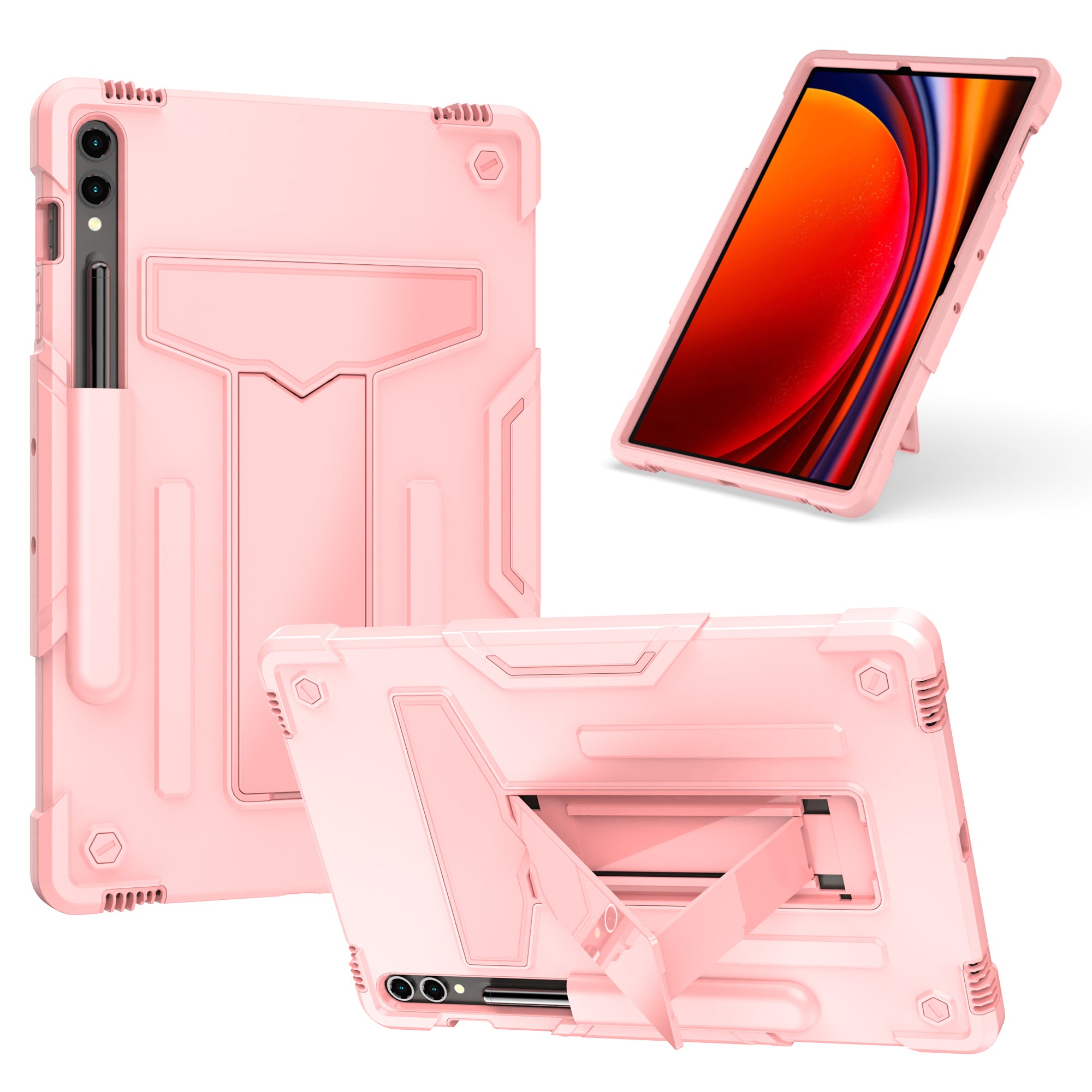 For Samsung Galaxy Tab S9+ / Tab S9 FE+ Rugged Cover T-Shaped Kickstand Protective Tablet Case - Rose Gold