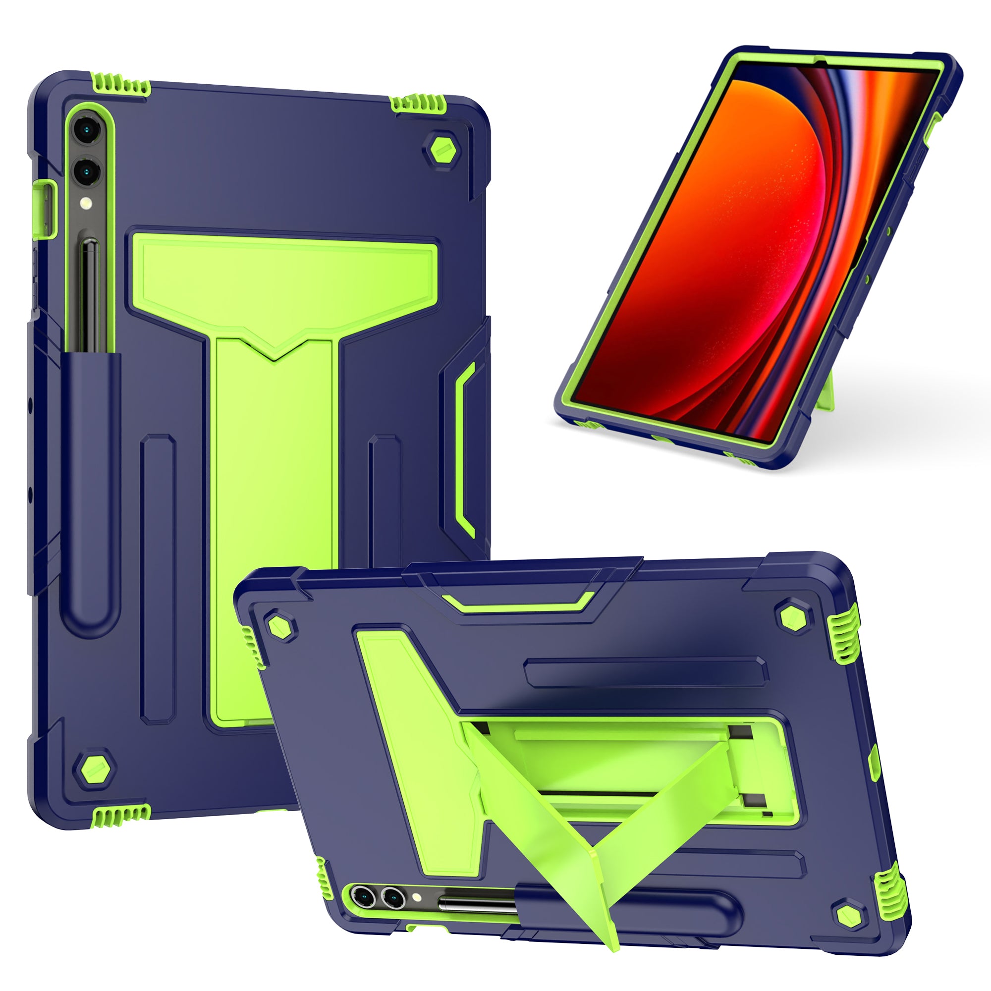 For Samsung Galaxy Tab S9+ / Tab S9 FE+ Rugged Cover T-Shaped Kickstand Protective Tablet Case - Navy Blue / Green