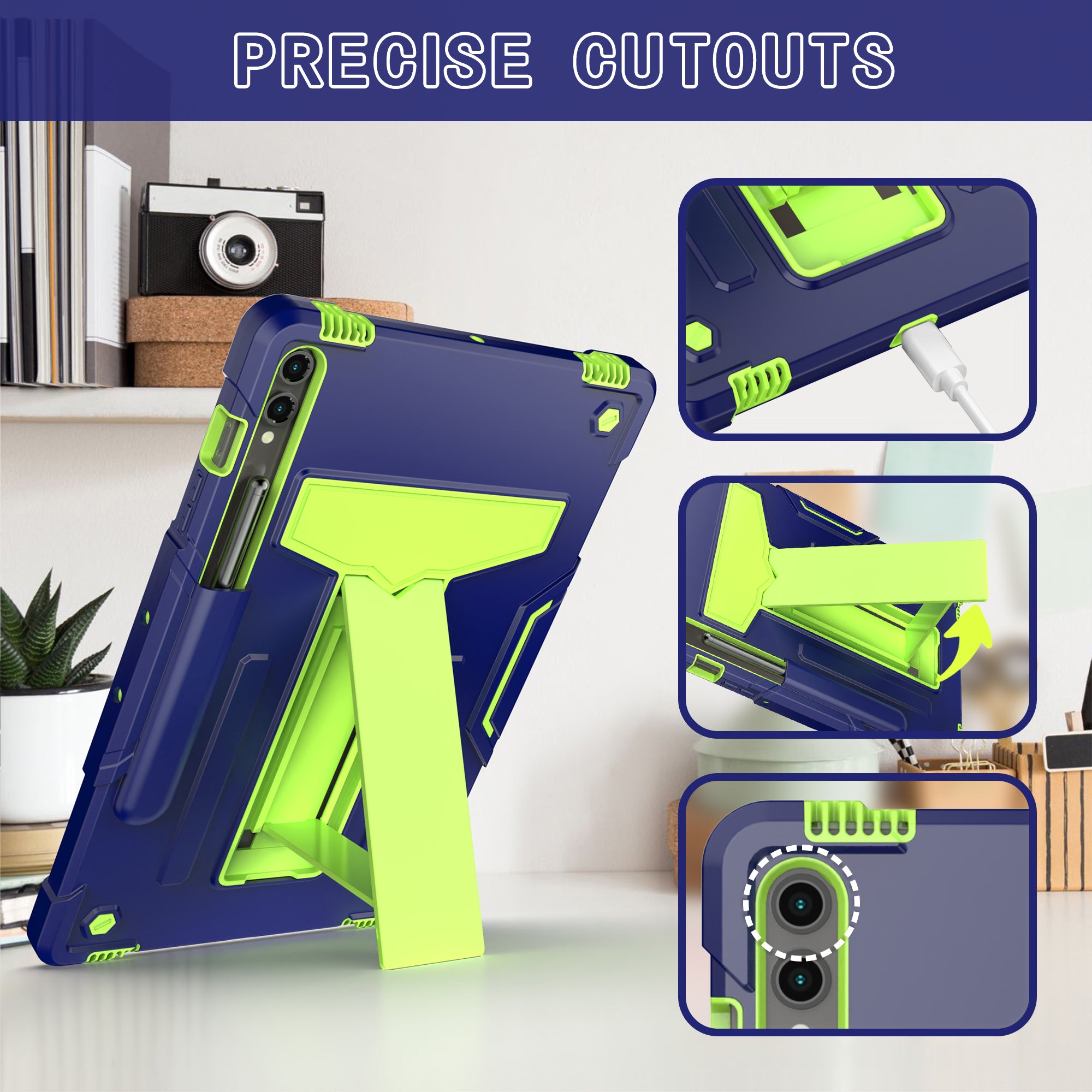 For Samsung Galaxy Tab S9+ / Tab S9 FE+ Rugged Cover T-Shaped Kickstand Protective Tablet Case - Navy Blue / Green