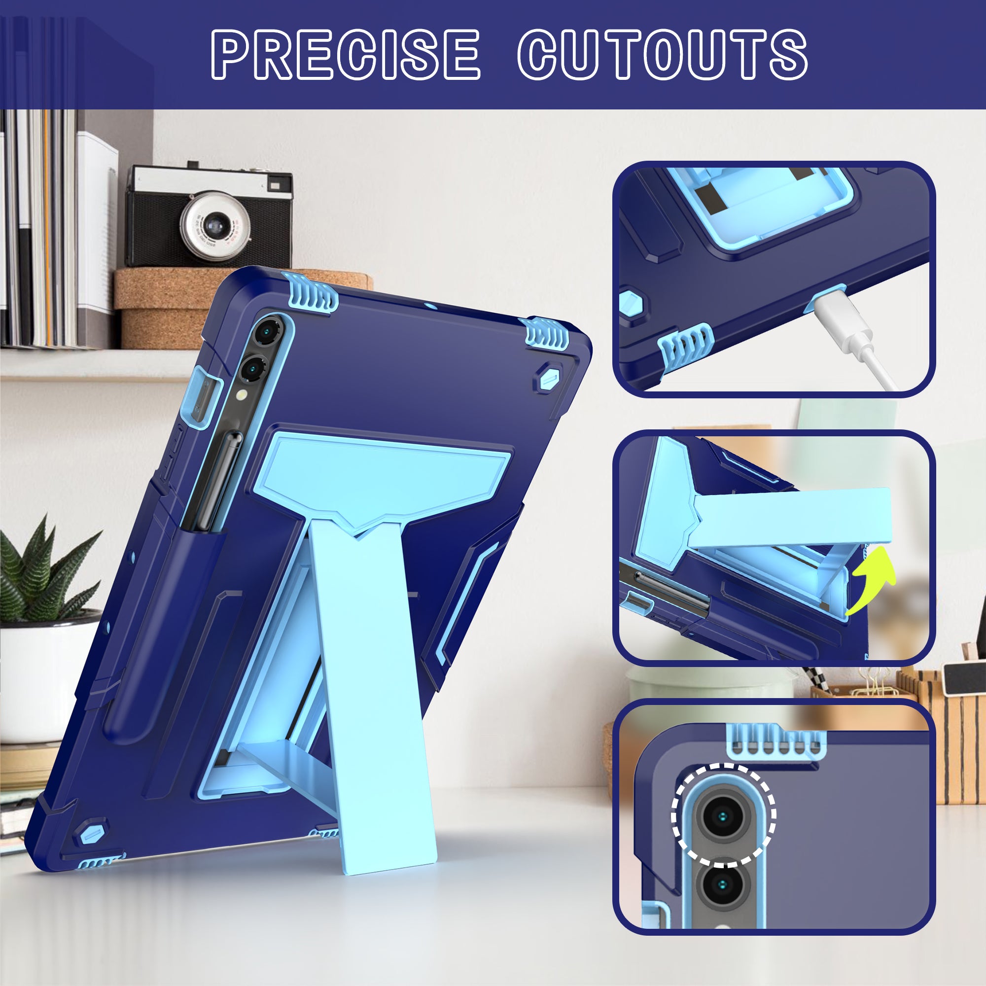 For Samsung Galaxy Tab S9+ / Tab S9 FE+ Rugged Cover T-Shaped Kickstand Protective Tablet Case - Navy Blue / Blue