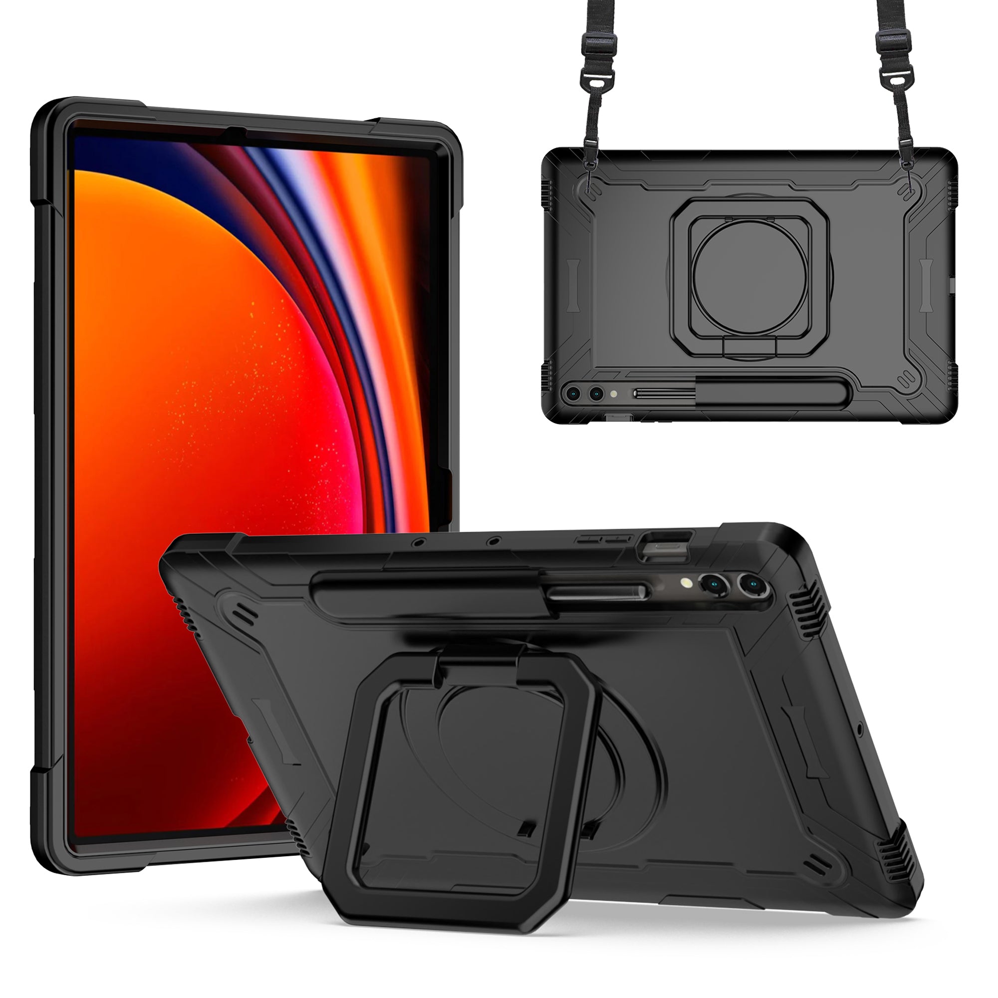 For Samsung Galaxy Tab S9+ / Tab S9 FE+ Case Rotating Kickstand Tablet Cover with Shoulder Strap - Black