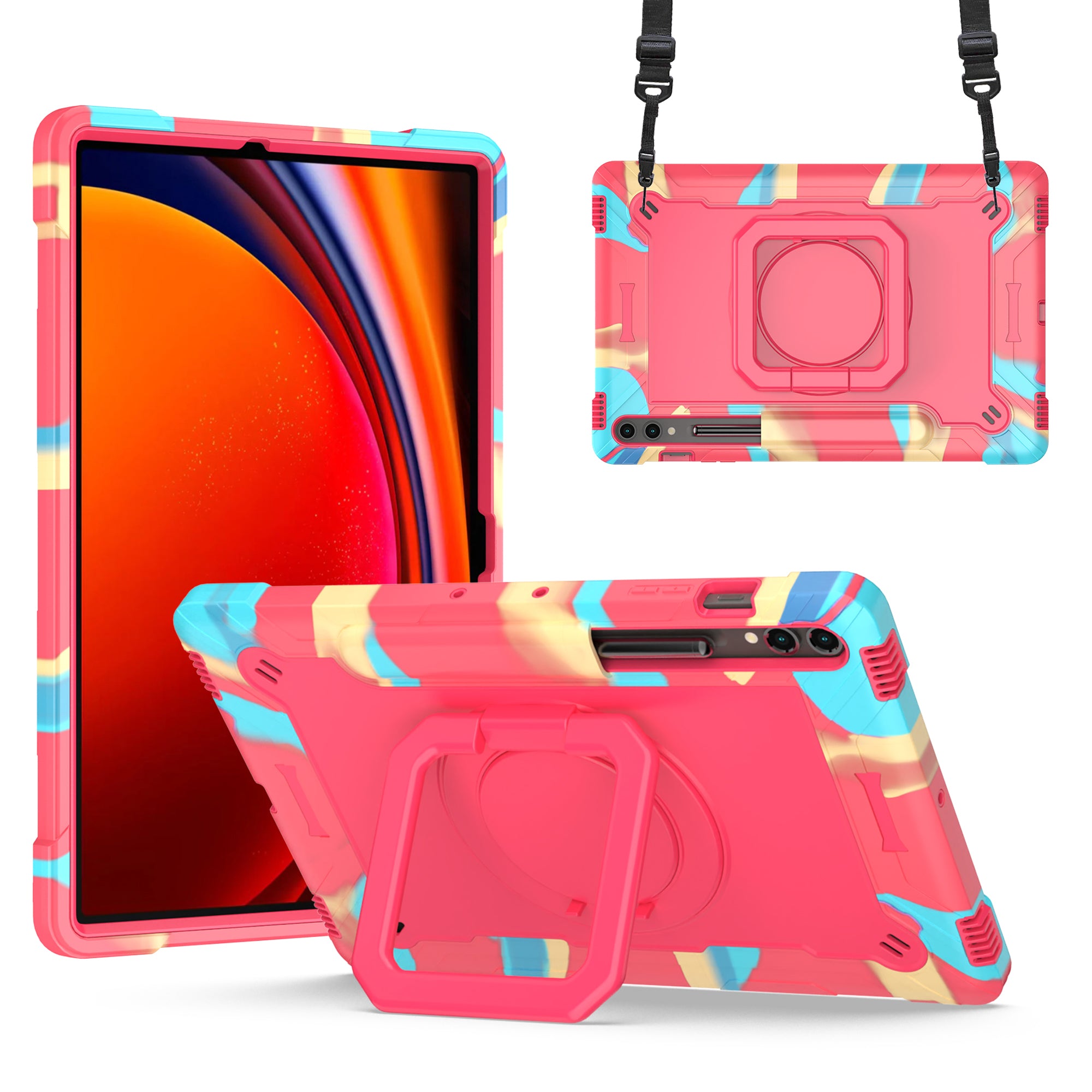 For Samsung Galaxy Tab S9+ / Tab S9 FE+ Case Rotating Kickstand Tablet Cover with Shoulder Strap - Rainbow / Rose