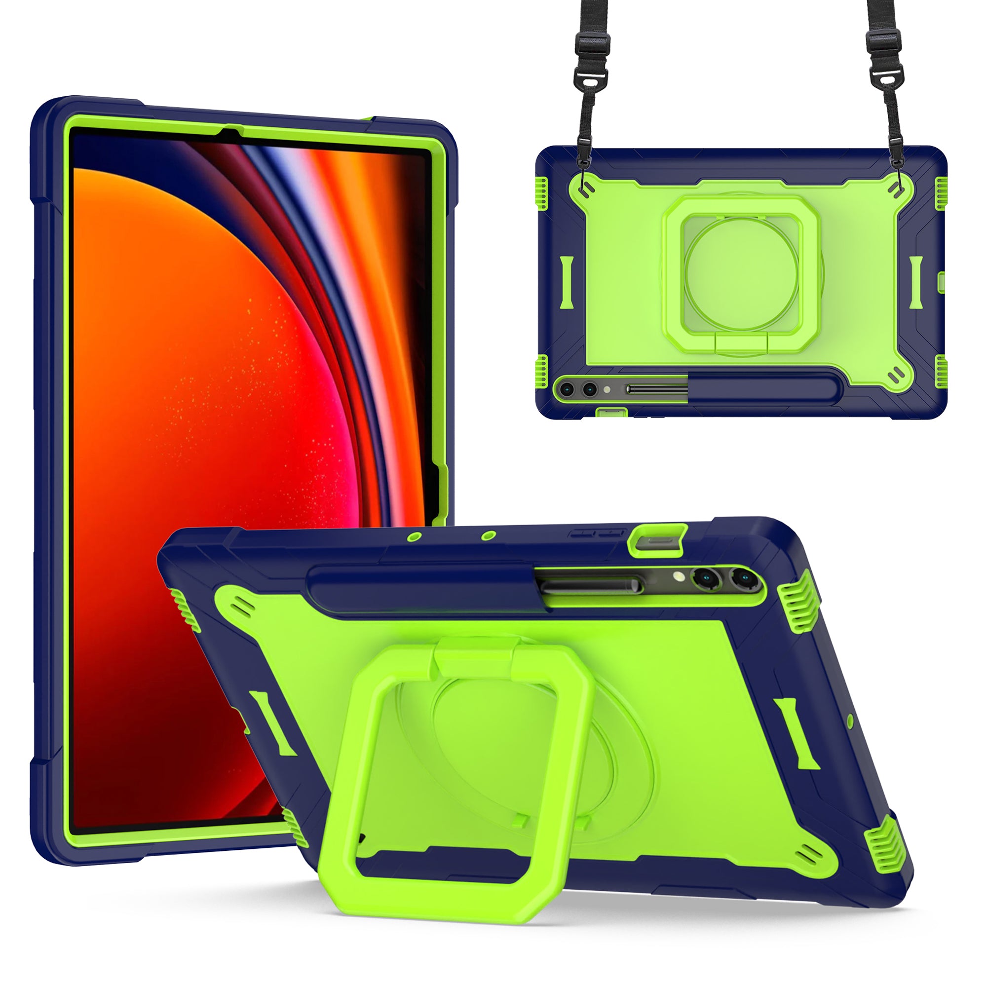 For Samsung Galaxy Tab S9+ / Tab S9 FE+ Case Rotating Kickstand Tablet Cover with Shoulder Strap - Navy Blue / Yellowgreen