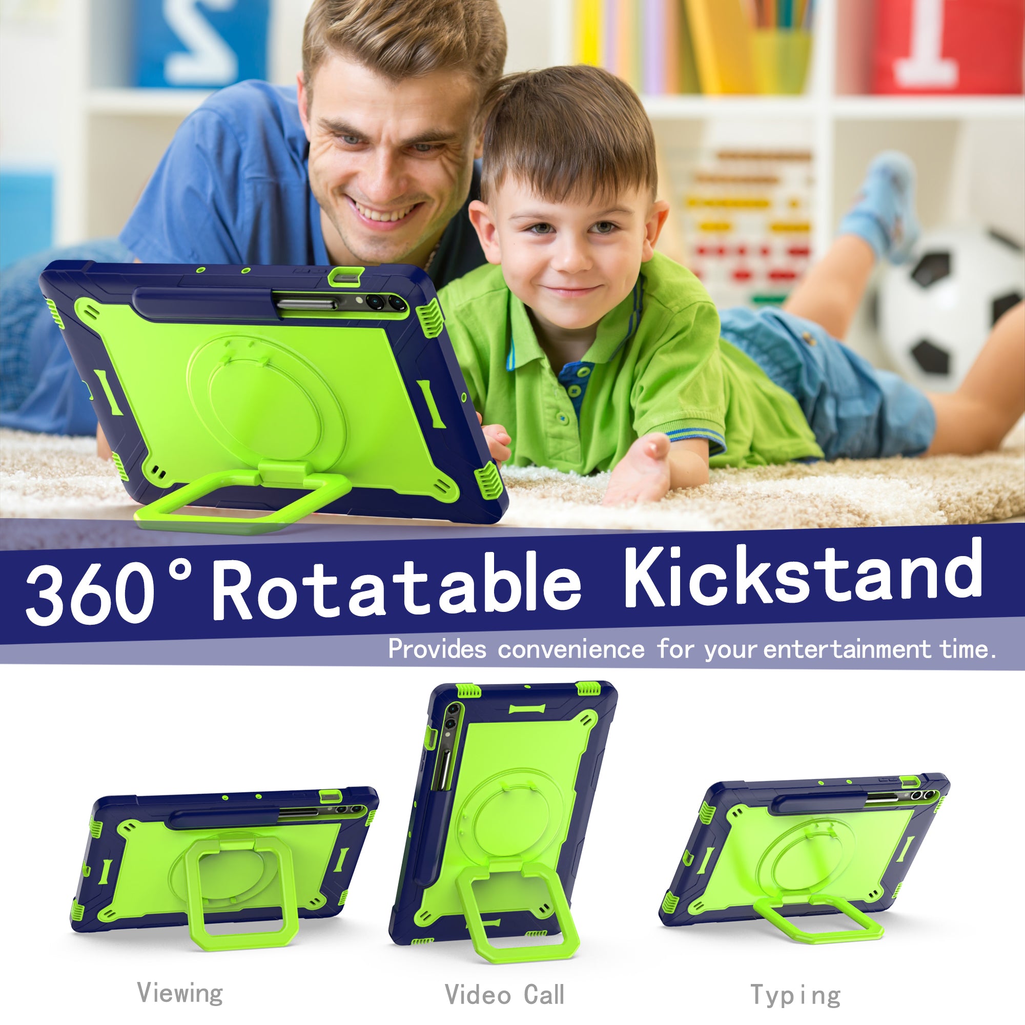 For Samsung Galaxy Tab S9+ / Tab S9 FE+ Case Rotating Kickstand Tablet Cover with Shoulder Strap - Navy Blue / Yellowgreen