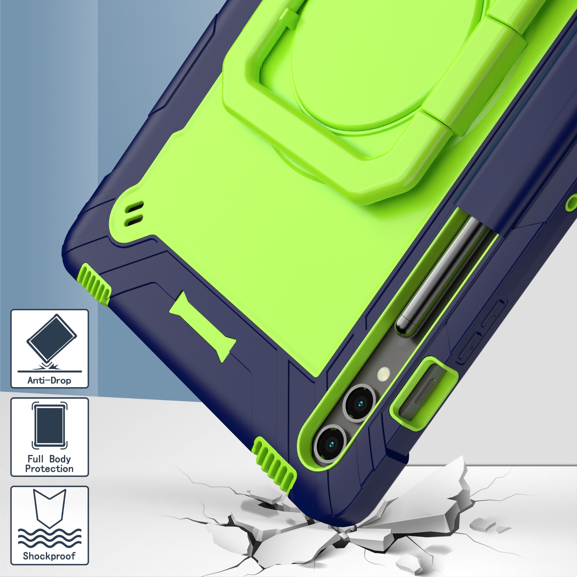 For Samsung Galaxy Tab S9+ / Tab S9 FE+ Case Rotating Kickstand Tablet Cover with Shoulder Strap - Navy Blue / Yellowgreen