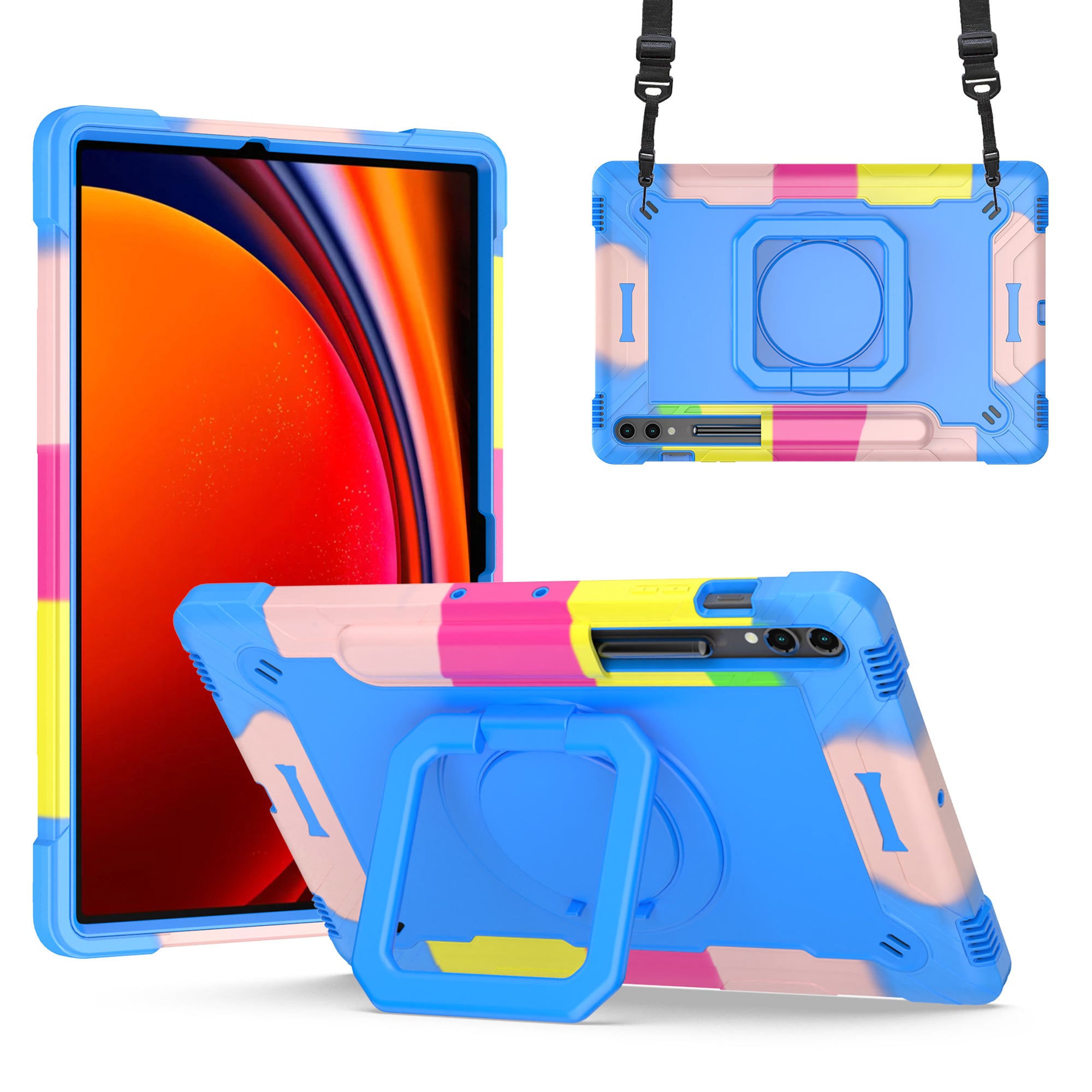 For Samsung Galaxy Tab S9+ / Tab S9 FE+ Case Rotating Kickstand Tablet Cover with Shoulder Strap - Rainbow / Blue