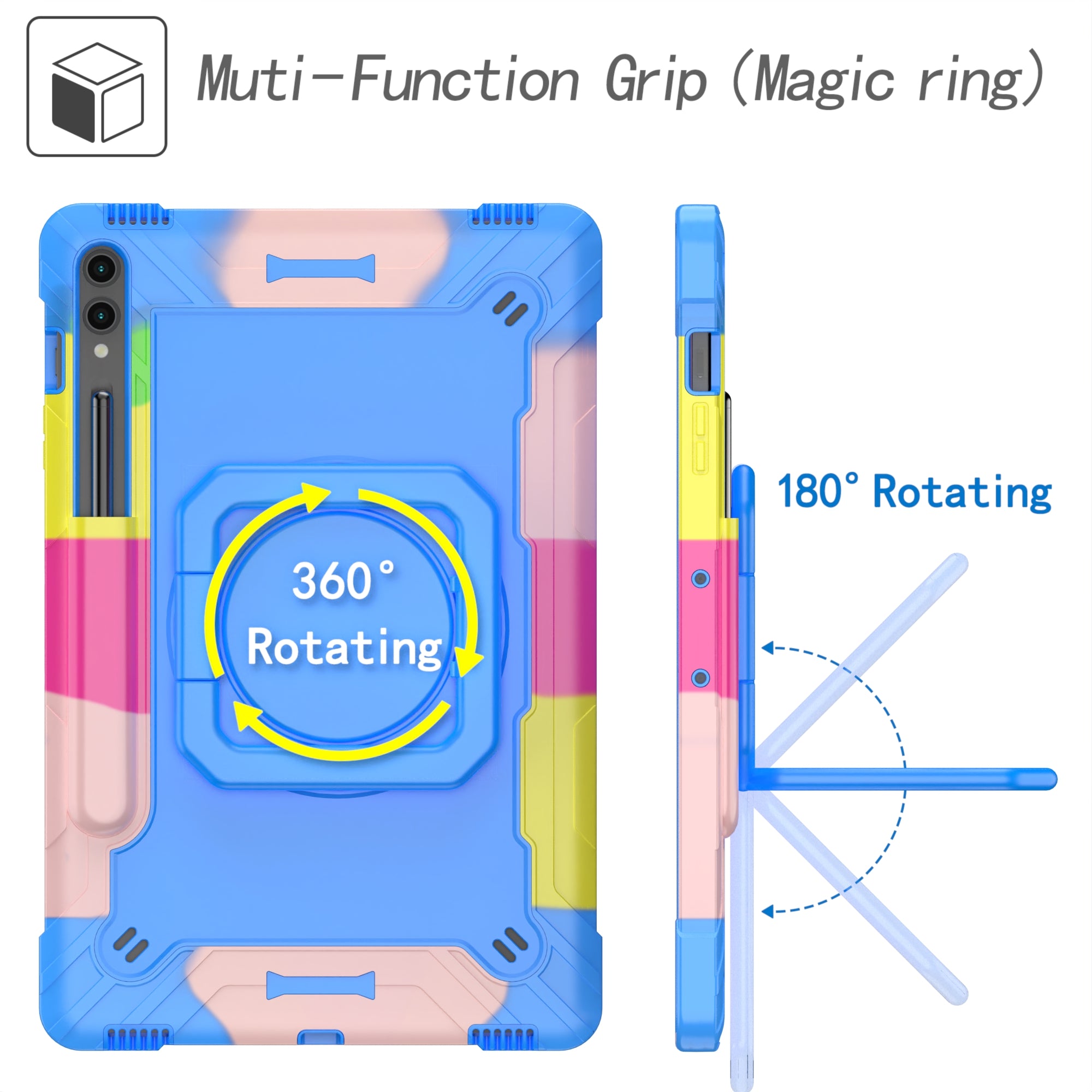 For Samsung Galaxy Tab S9+ / Tab S9 FE+ Case Rotating Kickstand Tablet Cover with Shoulder Strap - Rainbow / Blue