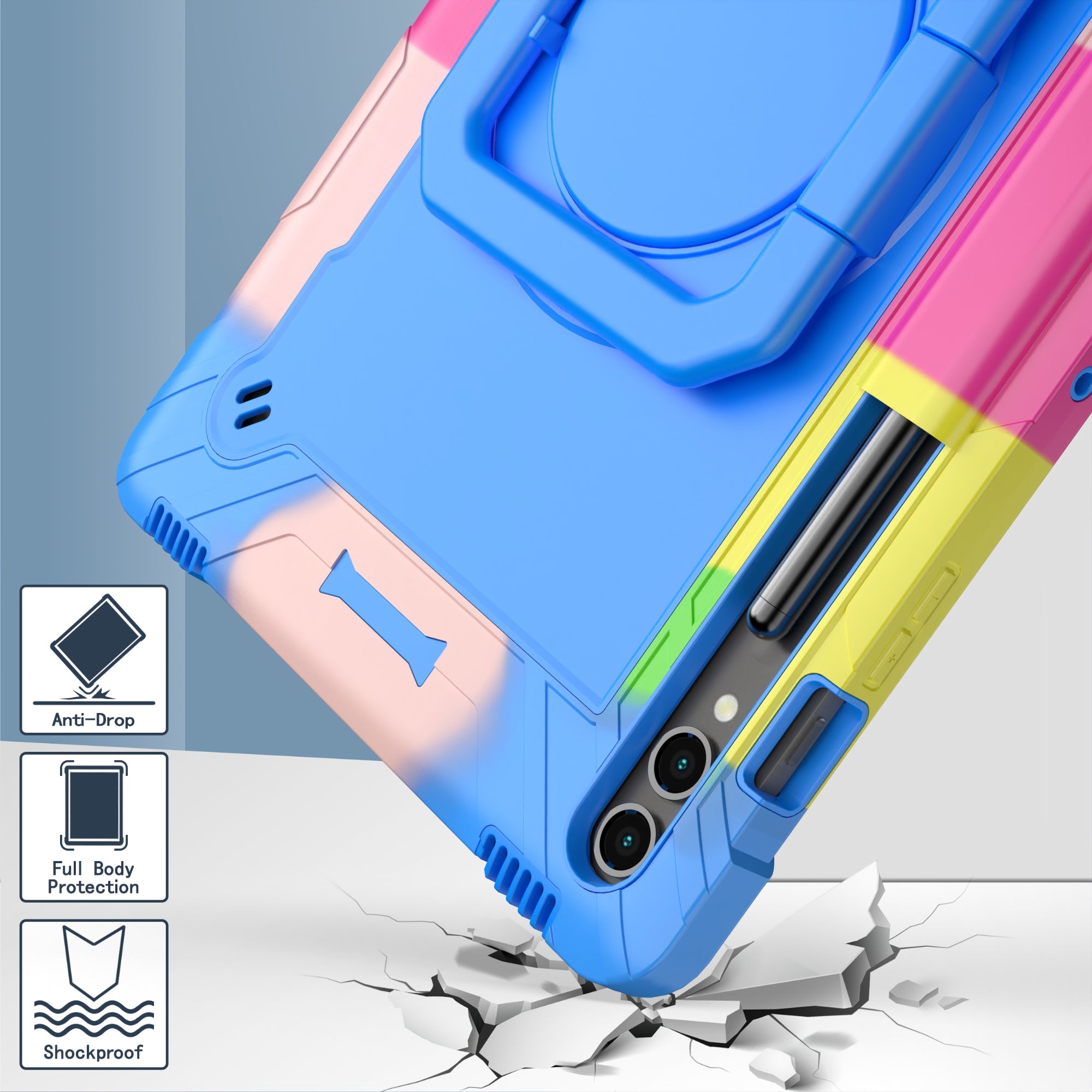 For Samsung Galaxy Tab S9+ / Tab S9 FE+ Case Rotating Kickstand Tablet Cover with Shoulder Strap - Rainbow / Blue