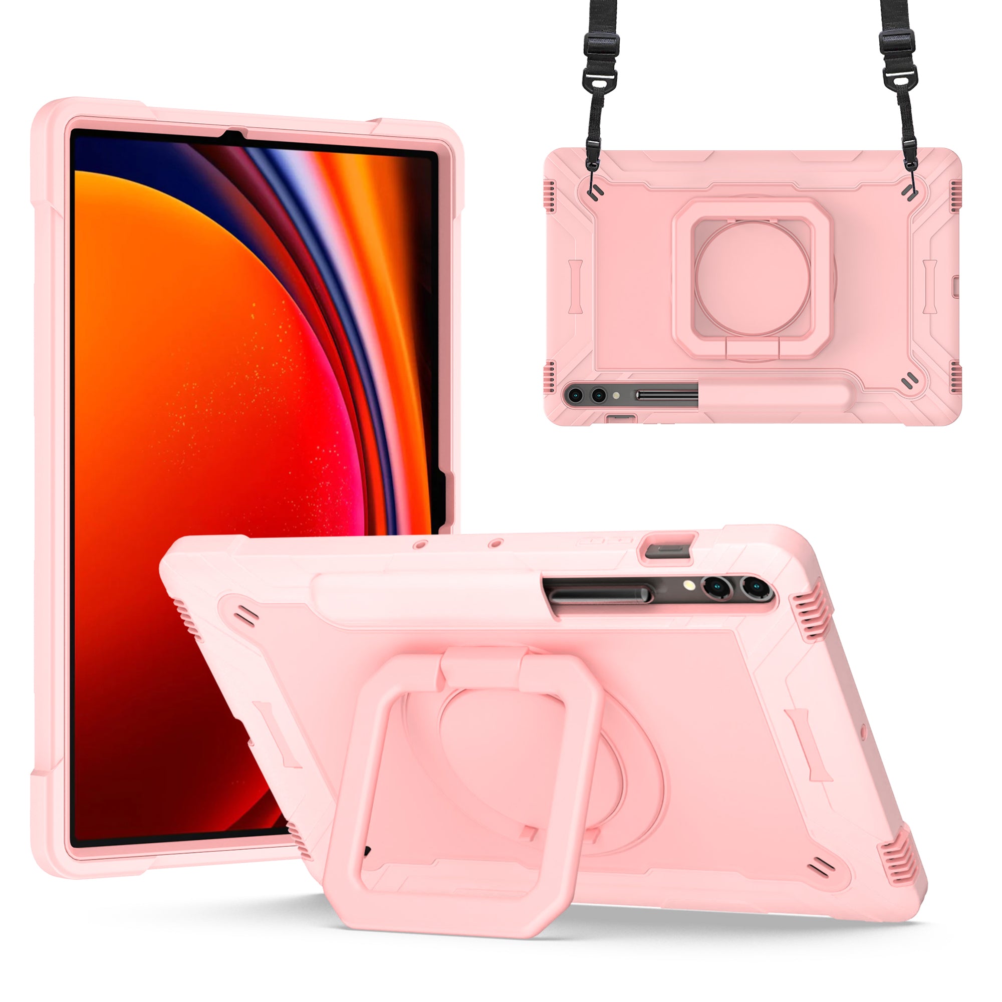 For Samsung Galaxy Tab S9+ / Tab S9 FE+ Case Rotating Kickstand Tablet Cover with Shoulder Strap - Rose Gold