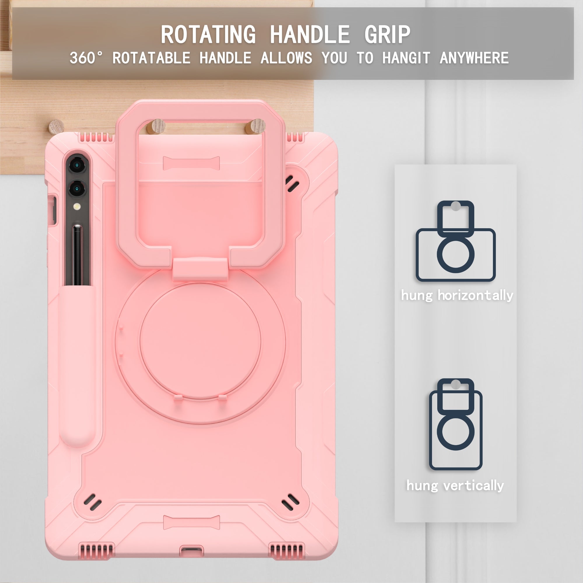 For Samsung Galaxy Tab S9+ / Tab S9 FE+ Case Rotating Kickstand Tablet Cover with Shoulder Strap - Rose Gold