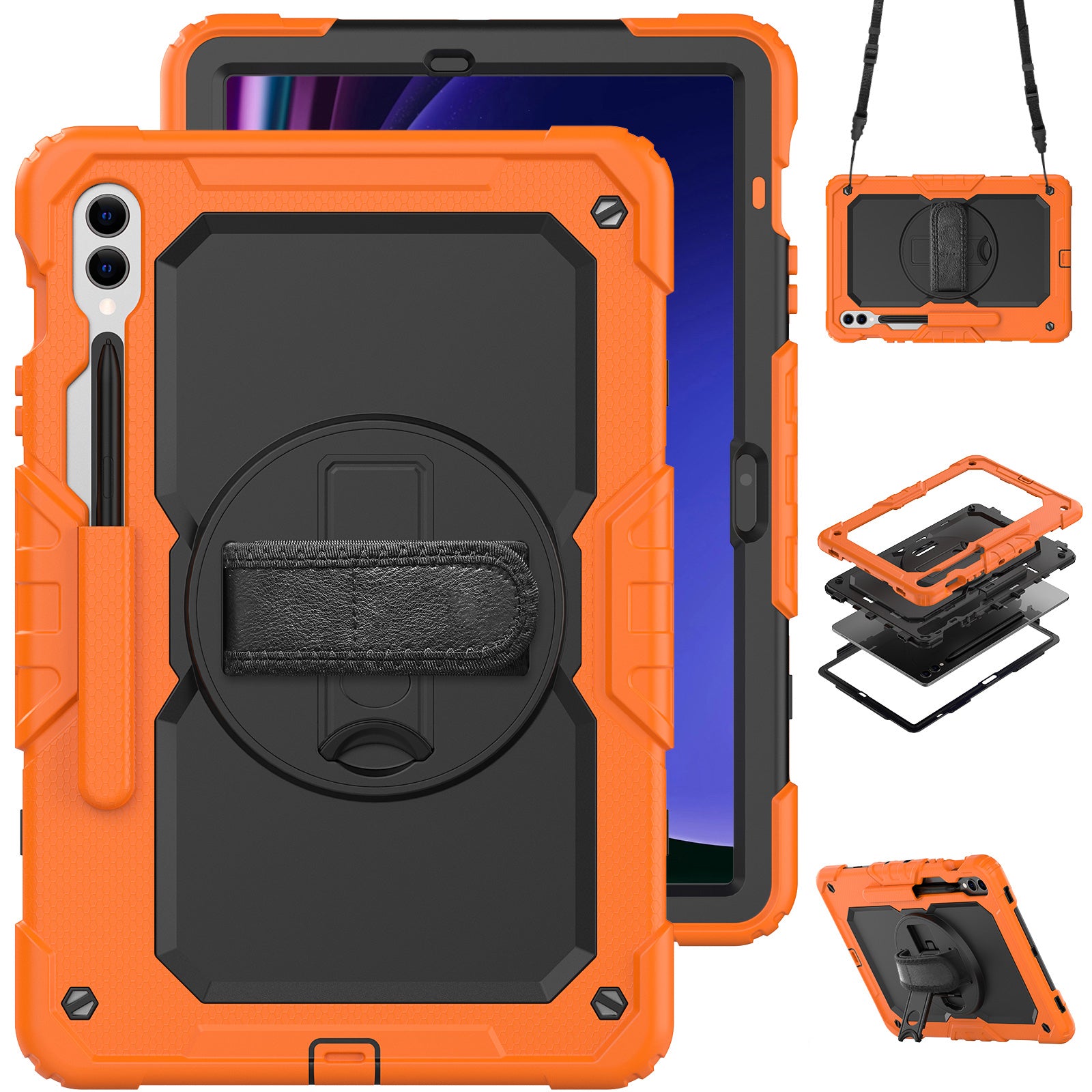 For Samsung Galaxy Tab S9 FE+ SM-X610 SM-X616B Tablet Cover PC+Silicone Case with PET Screen Protector and Kickstand - Black+Orange