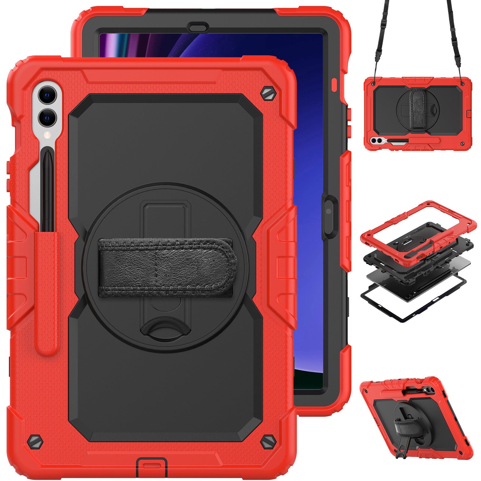 For Samsung Galaxy Tab S9 FE+ SM-X610 SM-X616B Tablet Cover PC+Silicone Case with PET Screen Protector and Kickstand - Black+Red